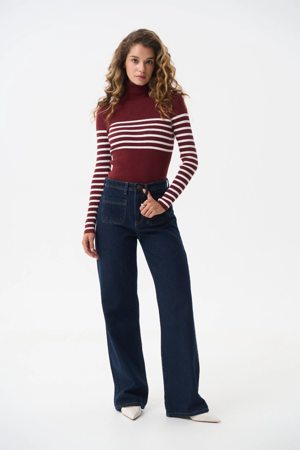 Red turtleneck sweater with a milky stripe Cozy Knit Touch