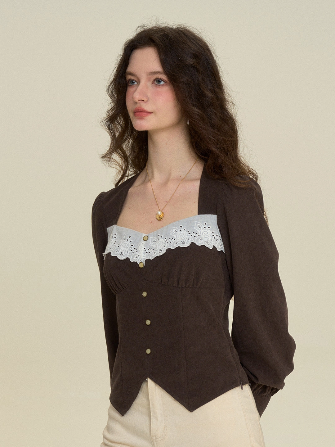 MoistureWicking ??Final Sale??Zainab French Style Contrasting Lace Lapel Long Sleeve Blouse