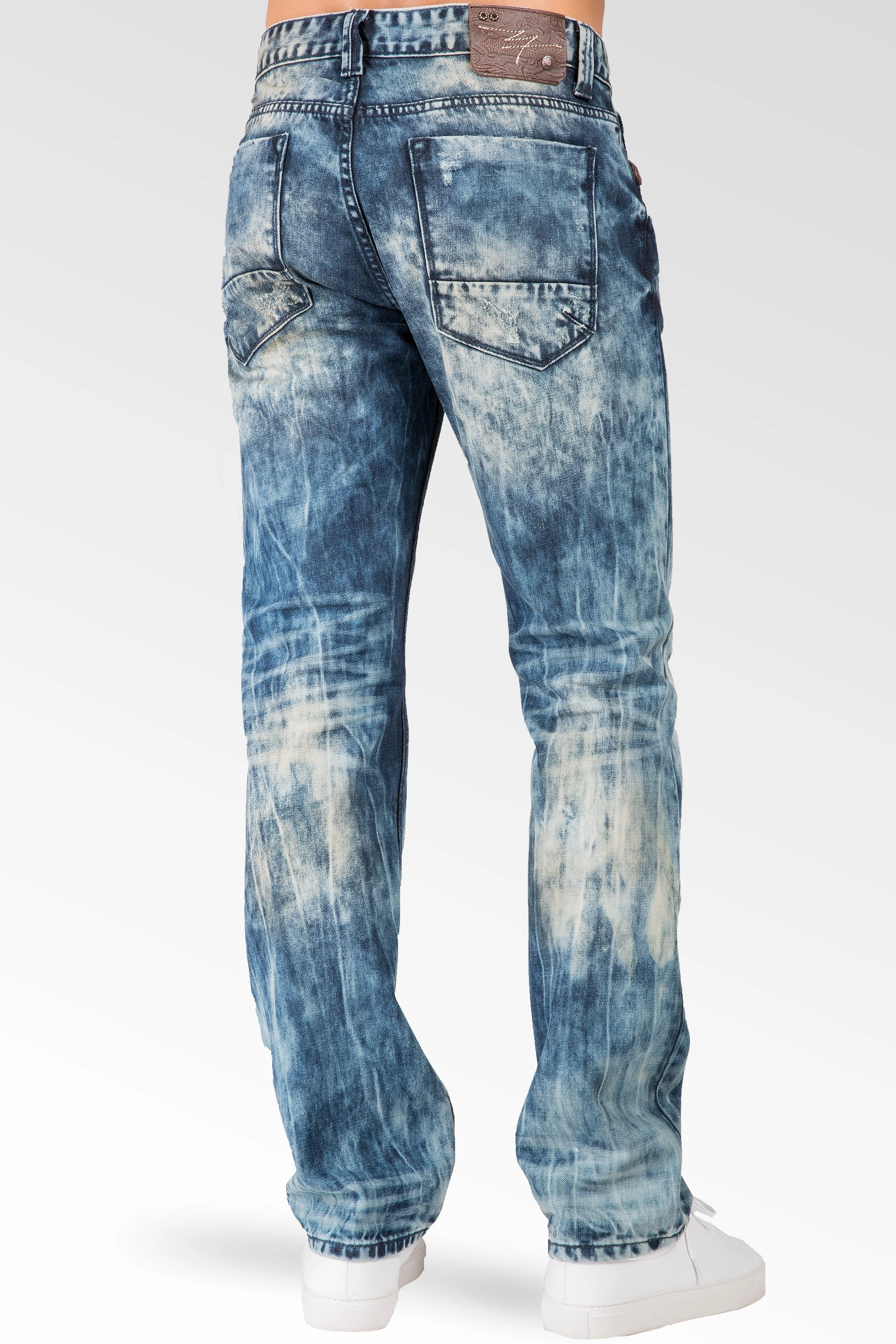 Slim Straight Destroyed & Mended Premium Denim 5 Pocket Jeans Bleach Tinted Wash QuickReleaseFastener Fire Glow