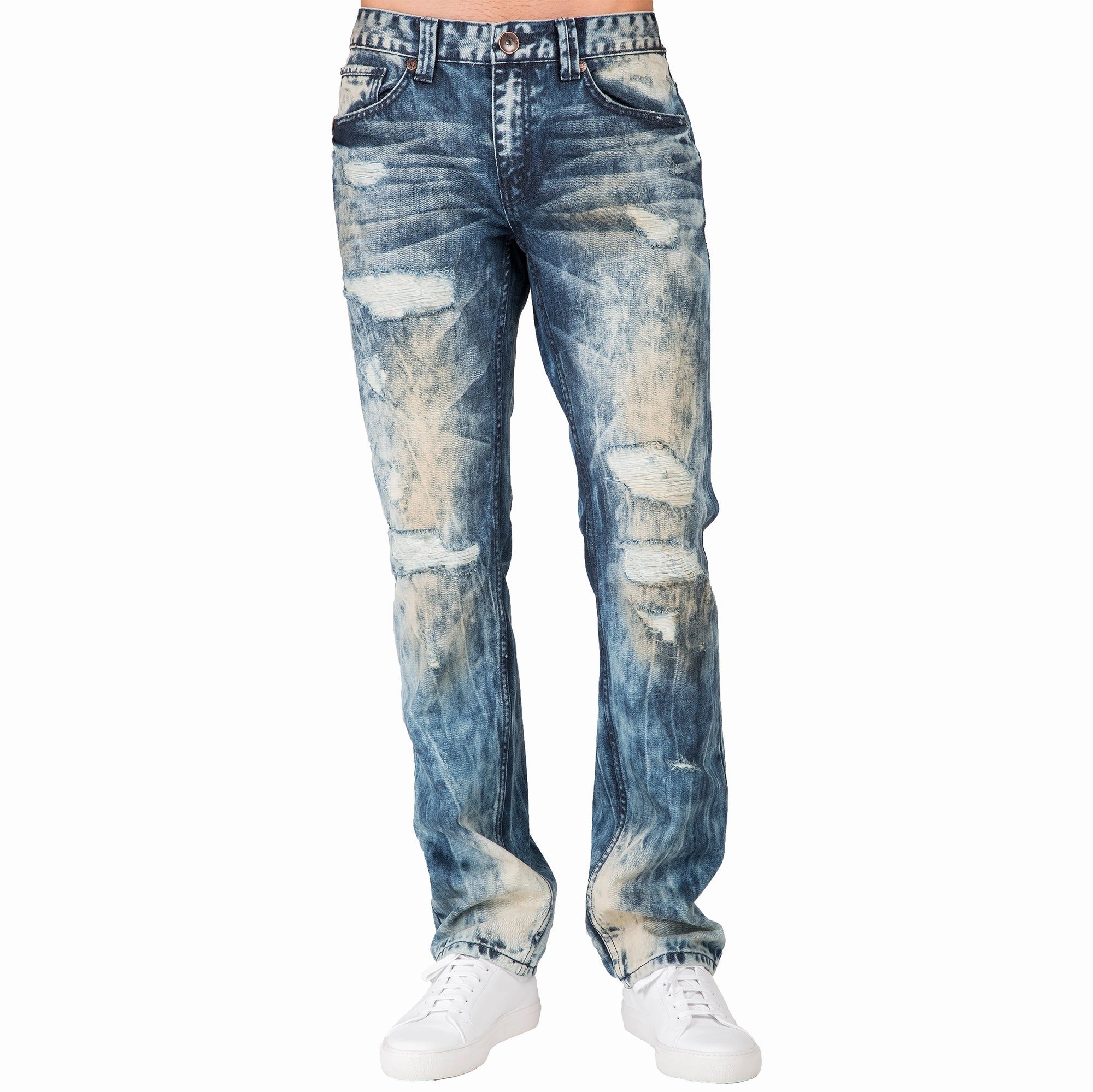 Slim Straight Destroyed & Mended Premium Denim 5 Pocket Jeans Bleach Tinted Wash Sporty Dress