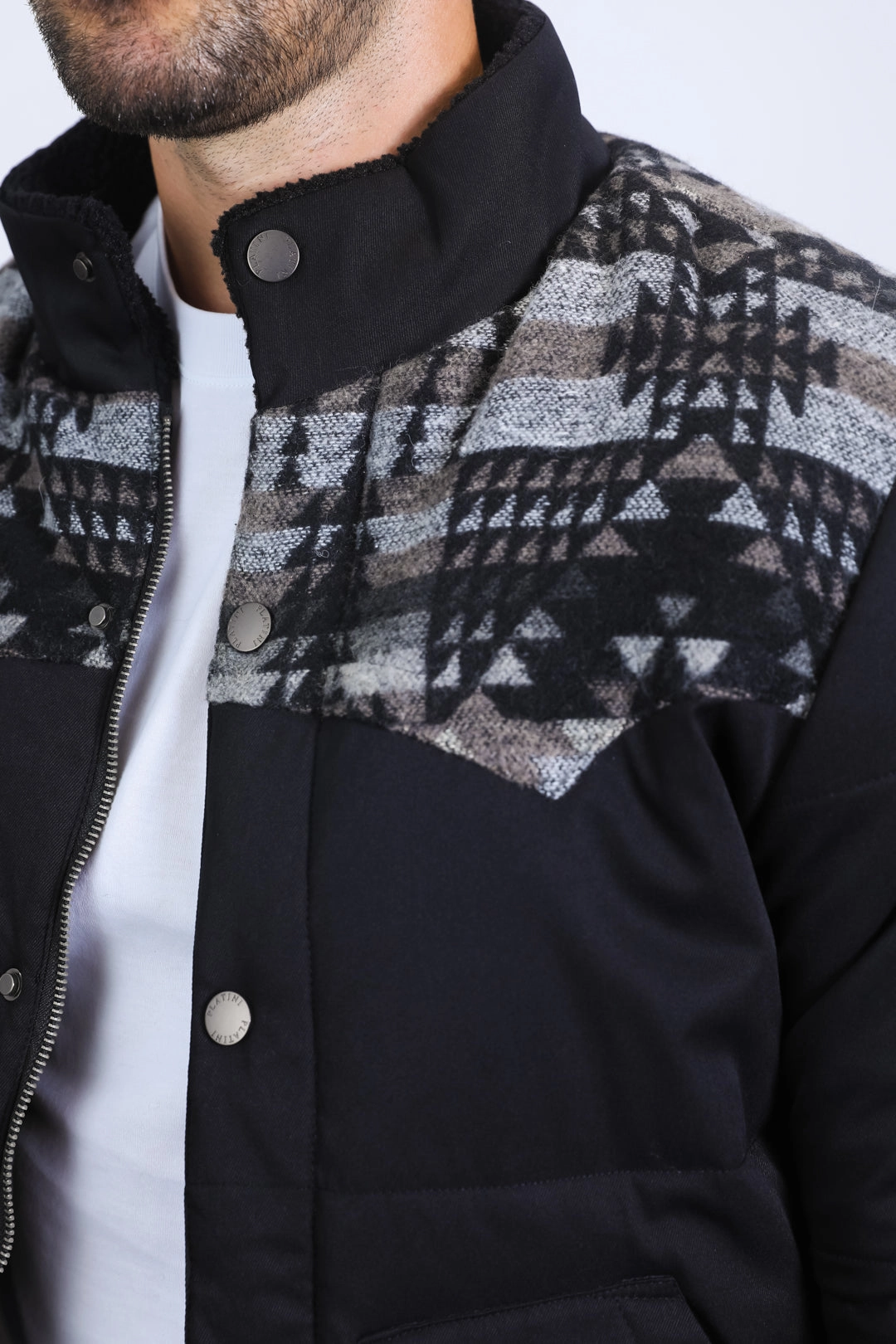 Scandi Clean Men's Ethnic Aztec Quilted Fur Lined Twill Black Jacket