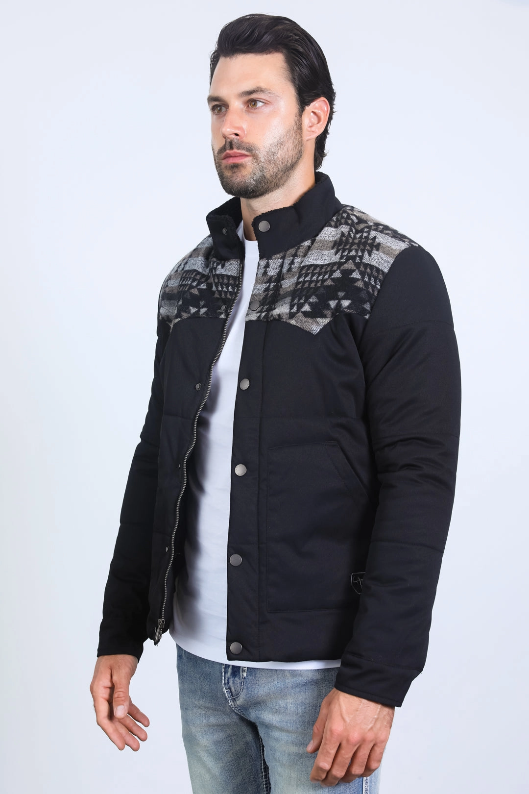 Family Style Clean Fit Men's Ethnic Aztec Quilted Fur Lined Twill Black Jacket