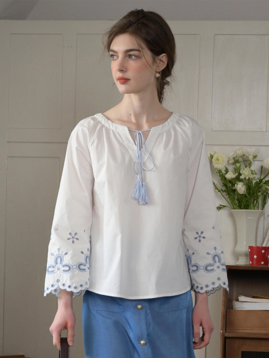 Virtual Fit Regina Fringed Tie Round Neck Hollow Embroidered Blouse
