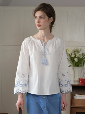 AntiSnagFabric Regina Fringed Tie Round Neck Hollow Embroidered Blouse