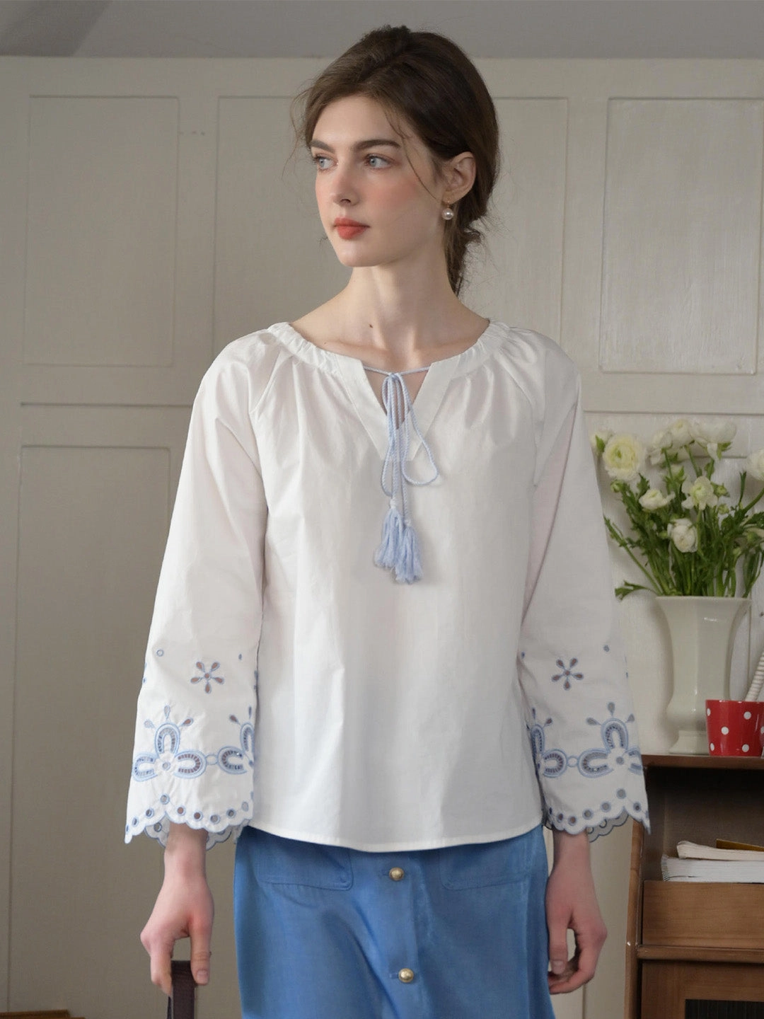 Icon Glow Regina Fringed Tie Round Neck Hollow Embroidered Blouse