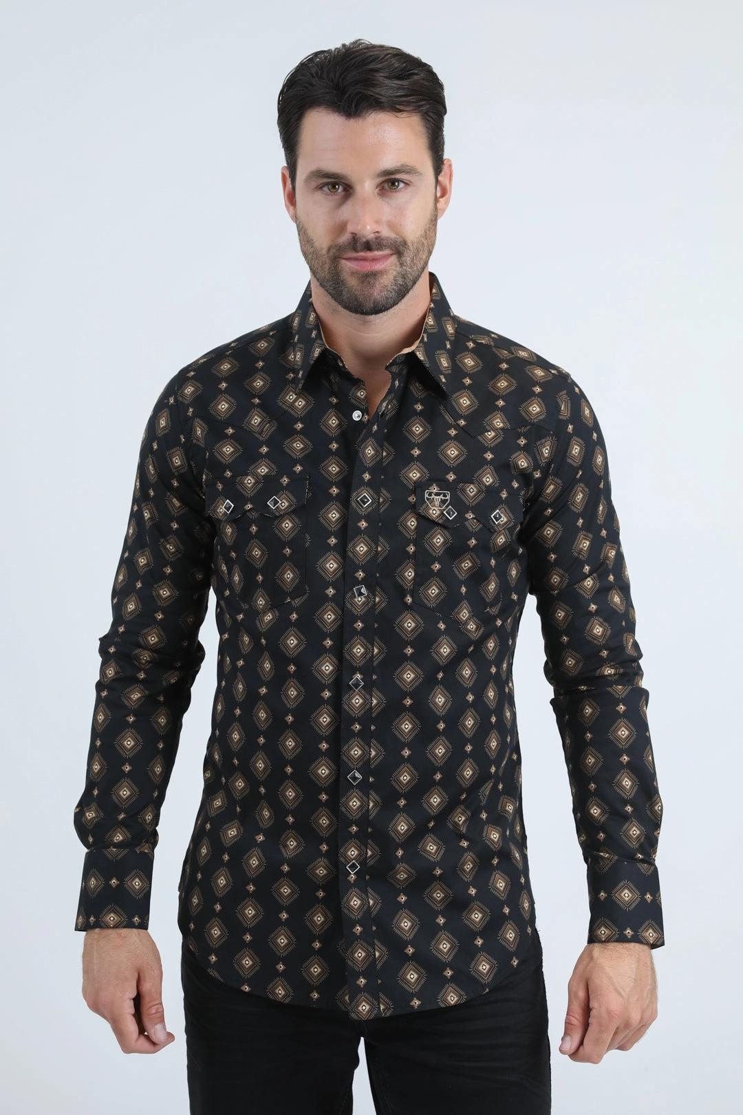 Mens Western Modern Fit Cotton/Spandex Long Sleeve White Shirt with Snaps Printed Pattern