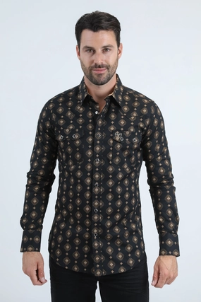 Mens Western Modern Fit Cotton/Spandex Long Sleeve White Shirt with Snaps Printed Pattern