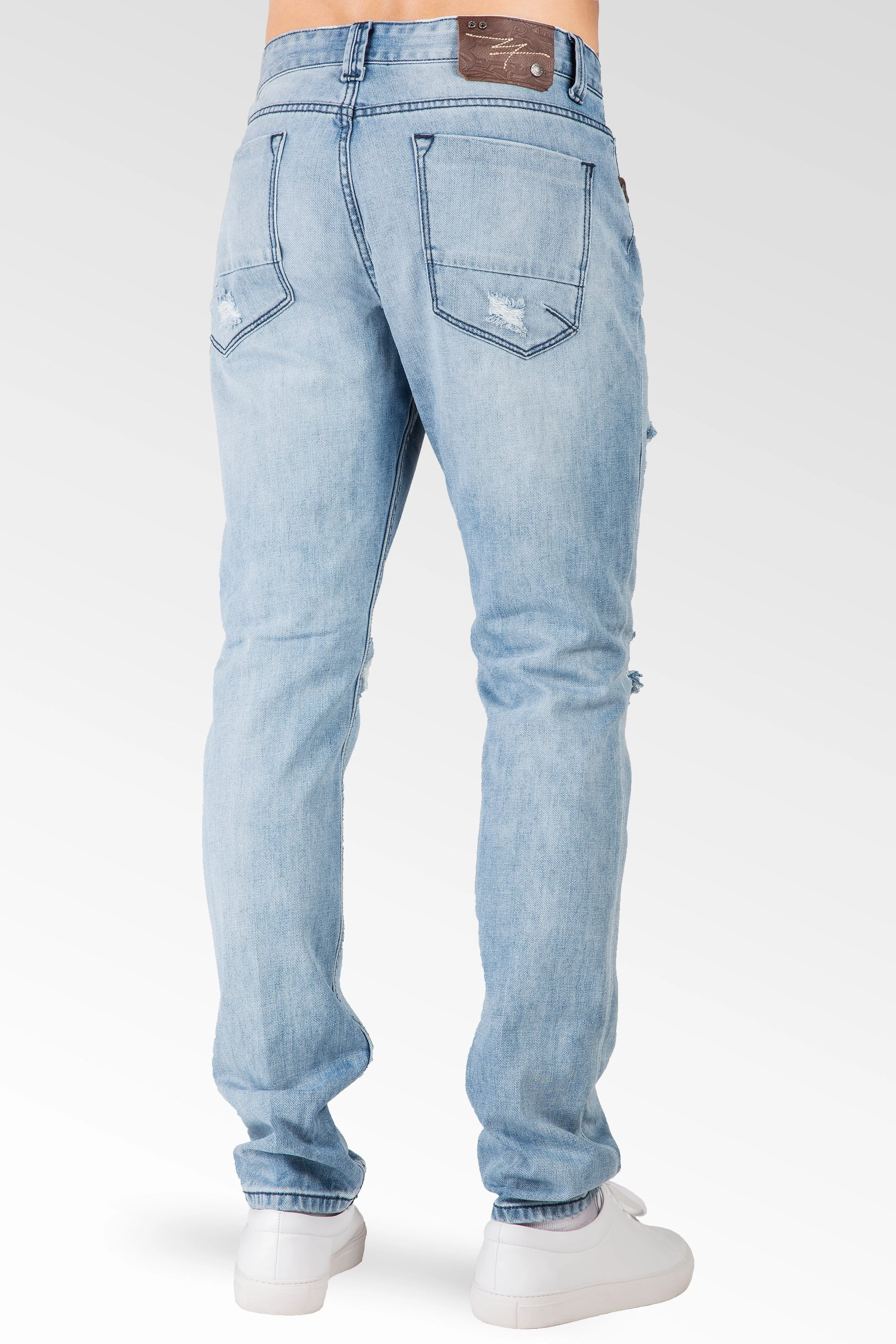 SoftTouch Distressed Powder Blue Slim Tapered Leg Premium Denim Jeans, signature 5 pocket with Ripped Repaired