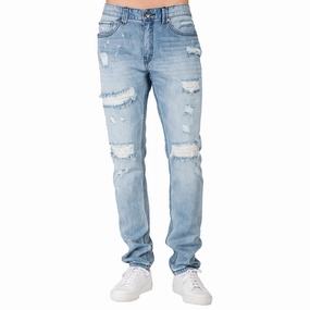 Distressed Powder Blue Slim Tapered Leg Premium Denim Jeans, signature 5 pocket with Ripped Repaired Layered Shirt Meta Mood