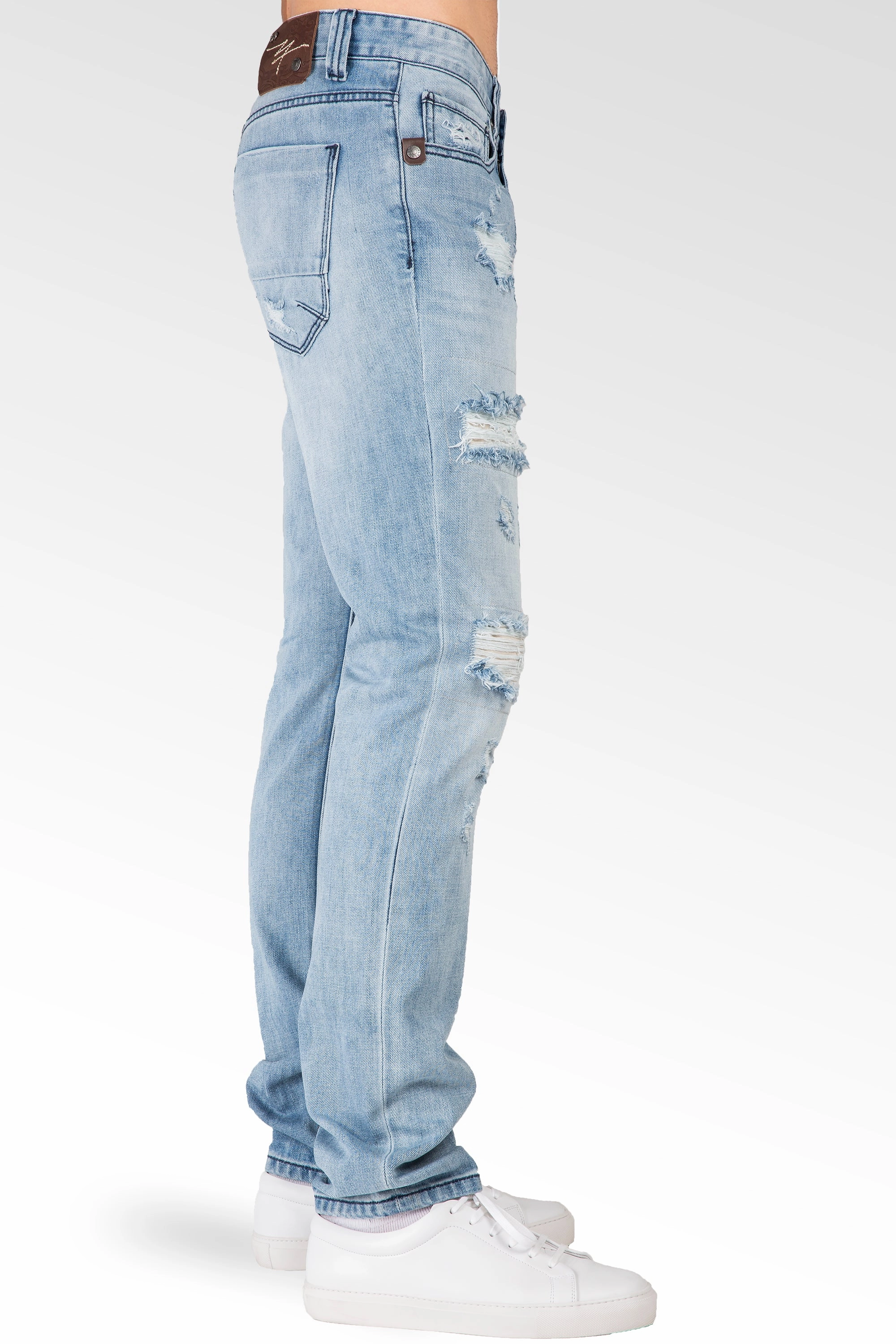 Design Soul Distressed Powder Blue Slim Tapered Leg Premium Denim Jeans, signature 5 pocket with Ripped Repaired