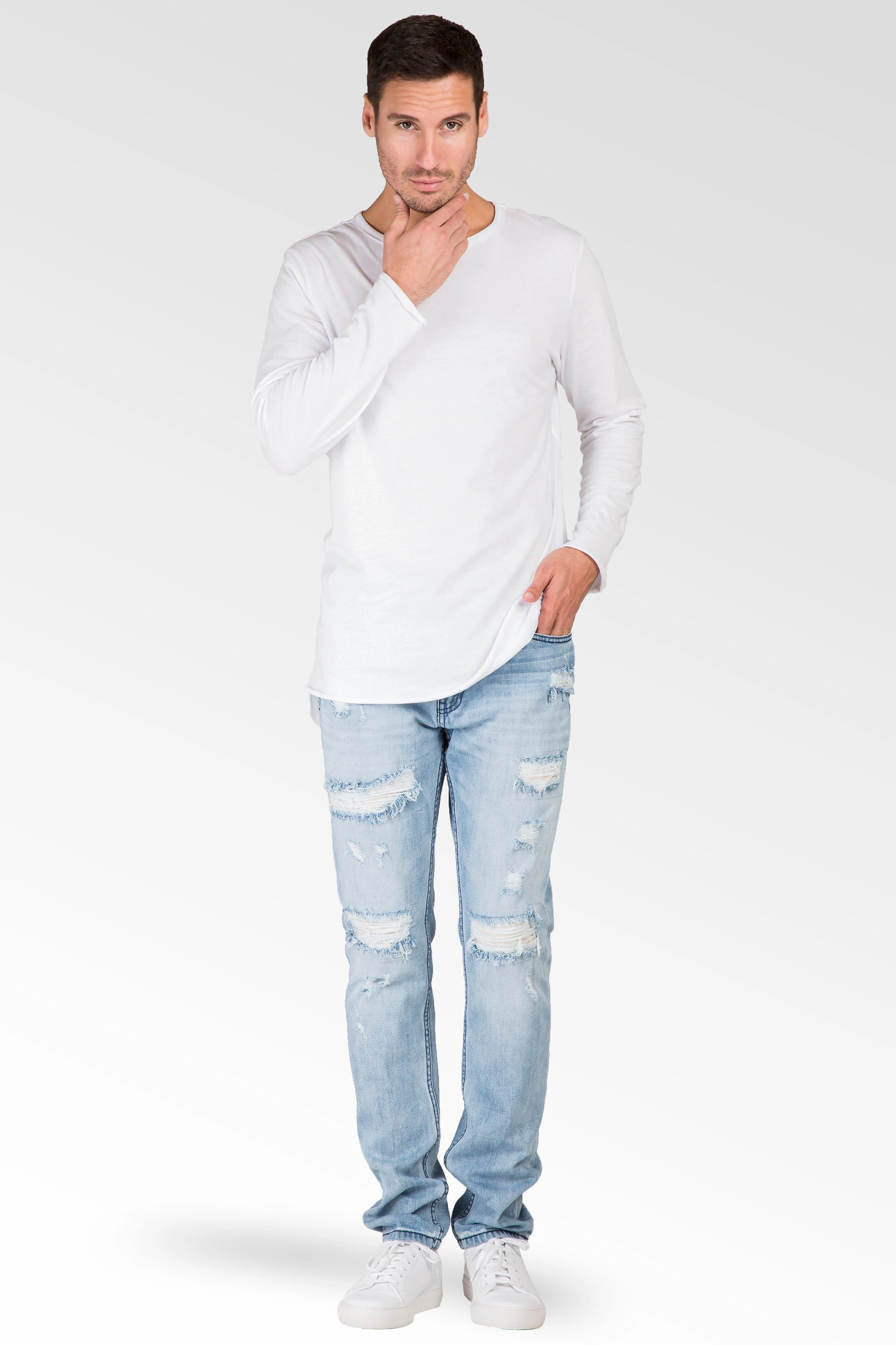 Diamond Soul Distressed Powder Blue Slim Tapered Leg Premium Denim Jeans, signature 5 pocket with Ripped Repaired