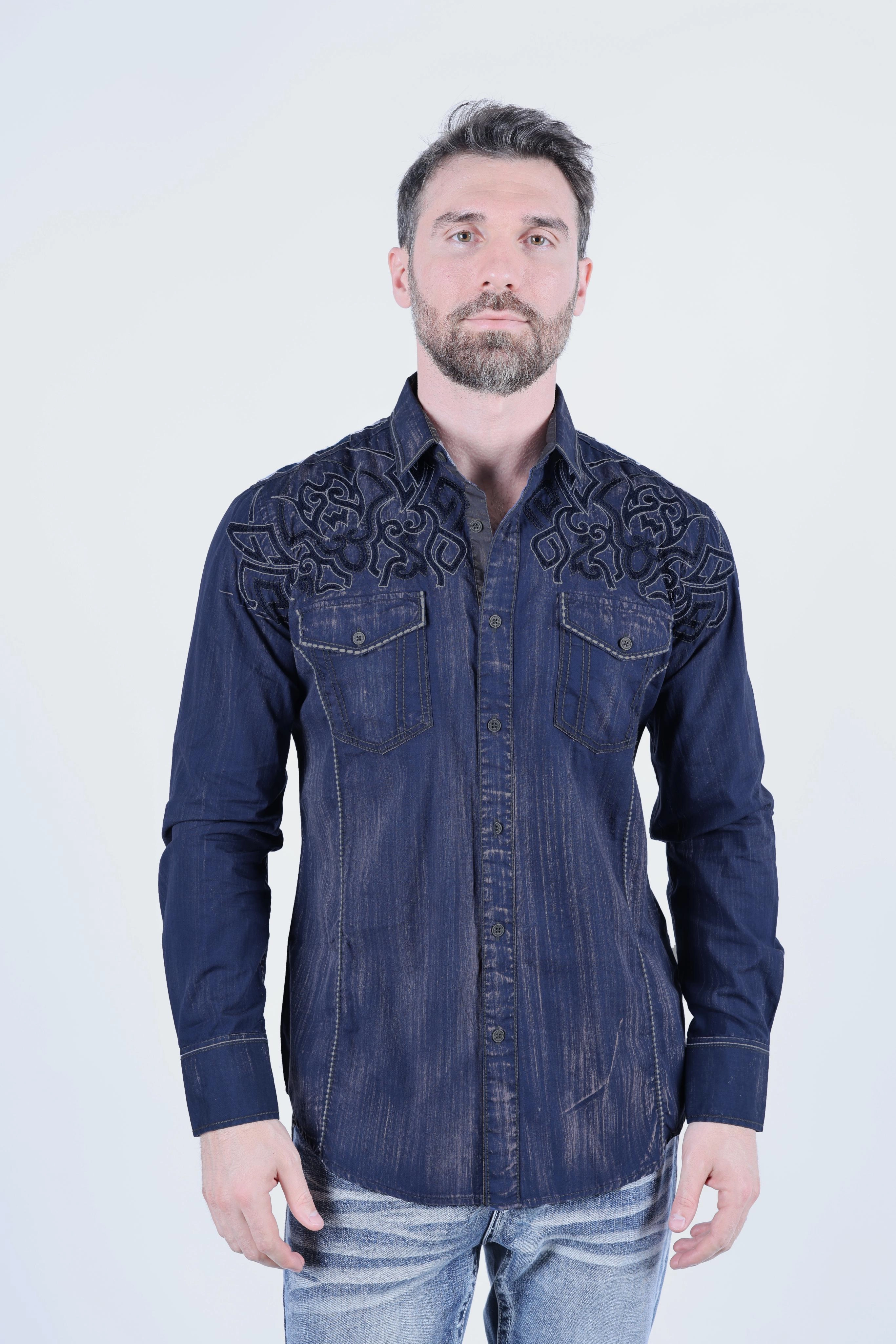 wrinkle free Mix-And-Match Mens Vintage Washed 2-tone Embroidery Modern Fit Stretch Shirt