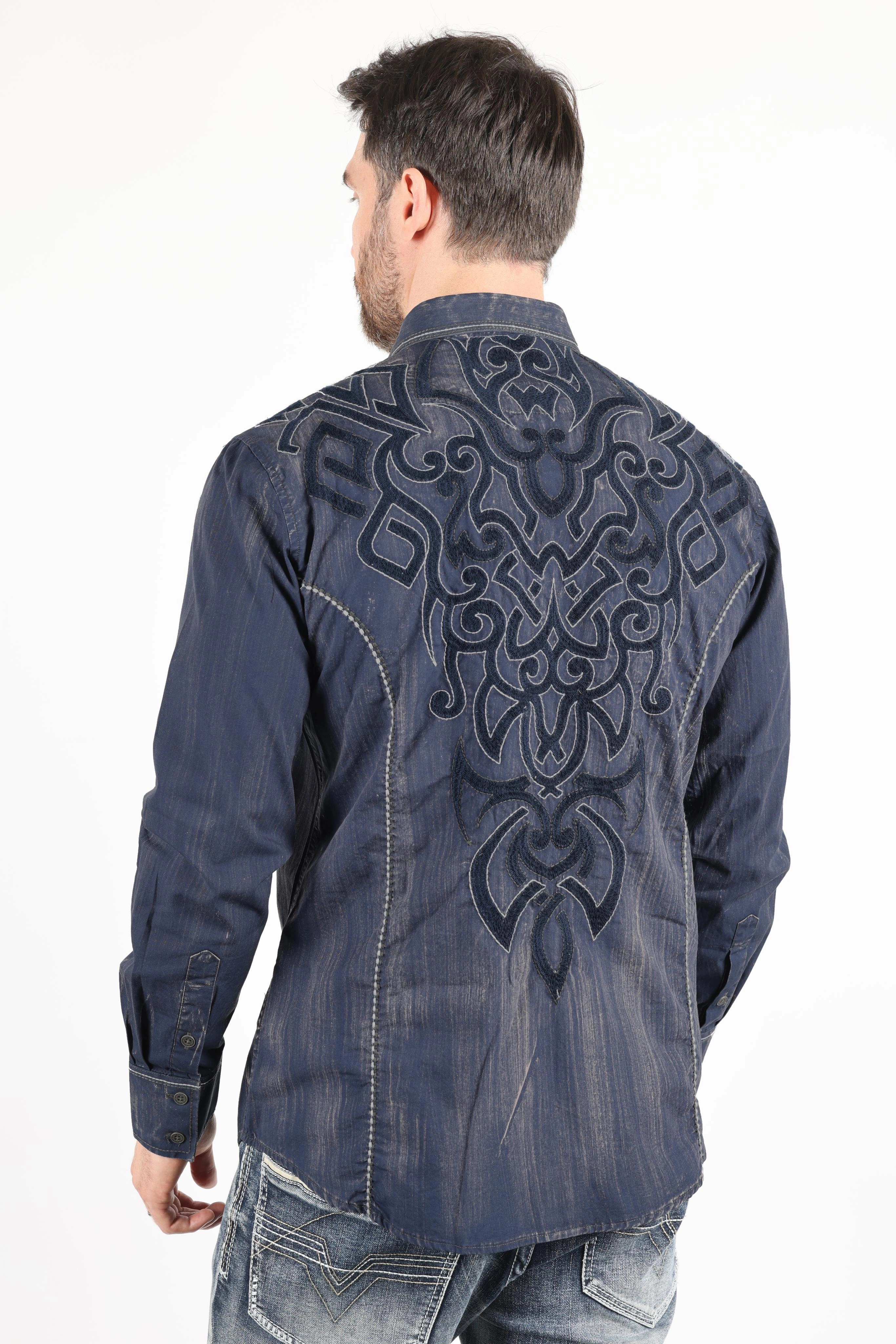 Wardrobe Staple Mens Vintage Washed 2-tone Embroidery Modern Fit Stretch Shirt