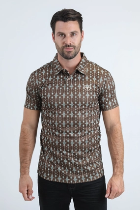 Mens Performance Fabric Modern Fit Stretch Aztec Print Brown Polo Dimensional Stability Weave Summer Smart