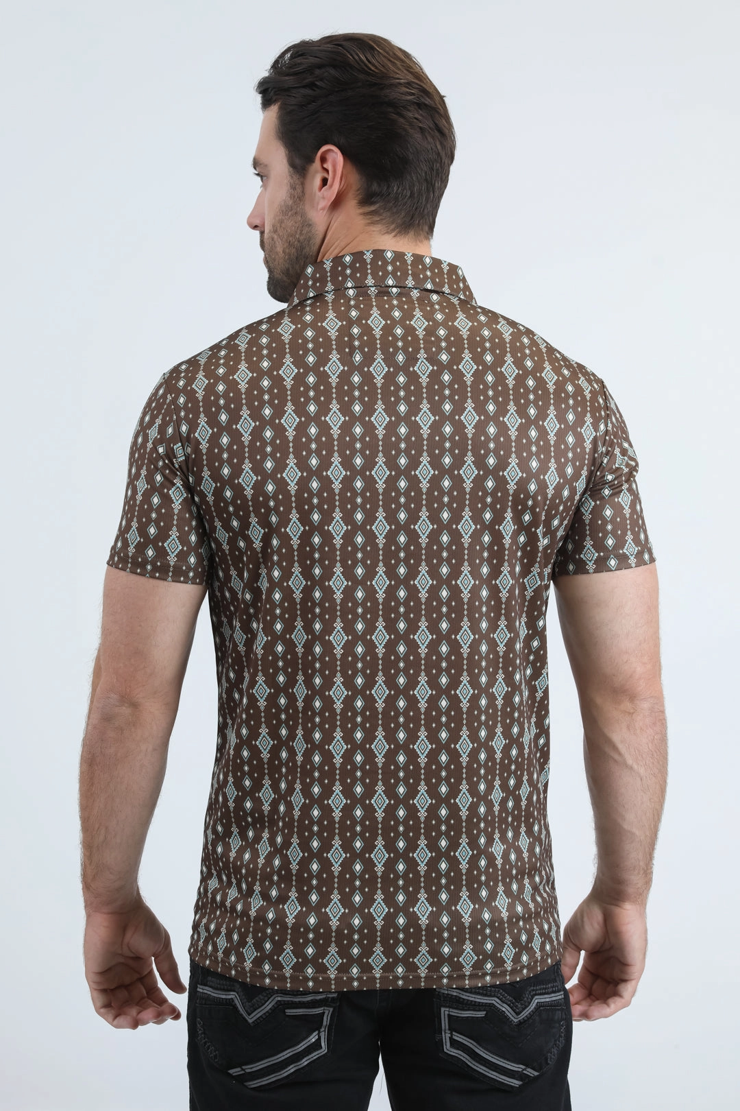 Mens Performance Fabric Modern Fit Stretch Aztec Print Brown Polo Streetwear Edge