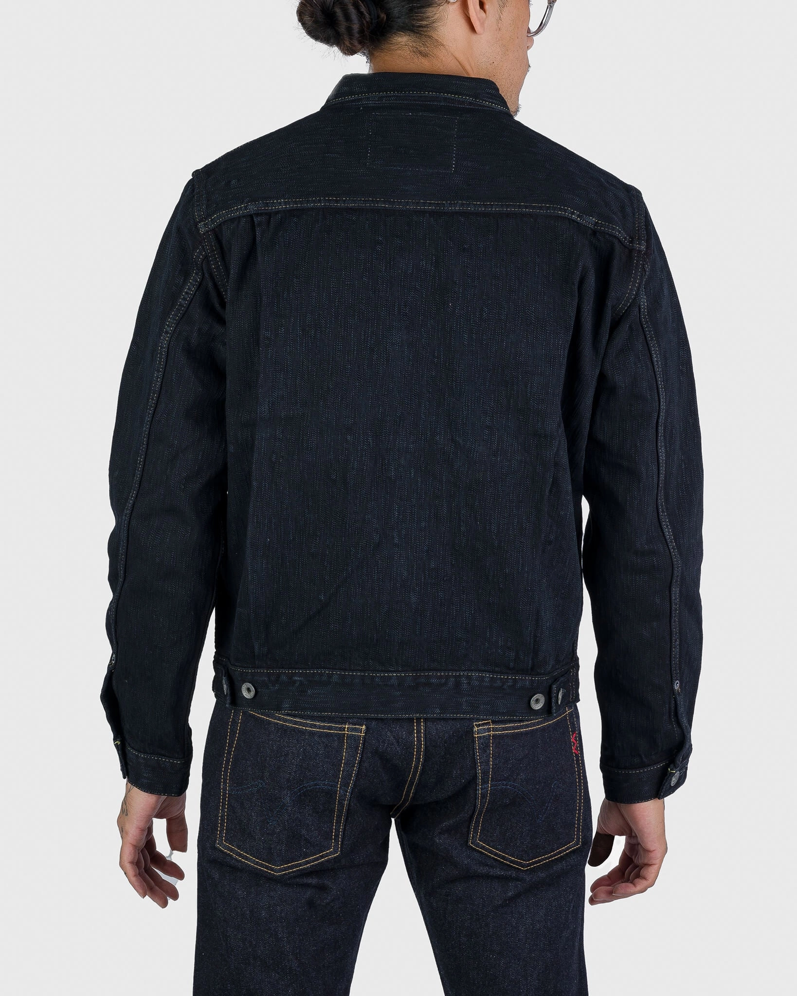 16oz Slubby Selvedge Denim Type II Jacket - Indigo Overdyed Black Snap Button Cuffs Adjust