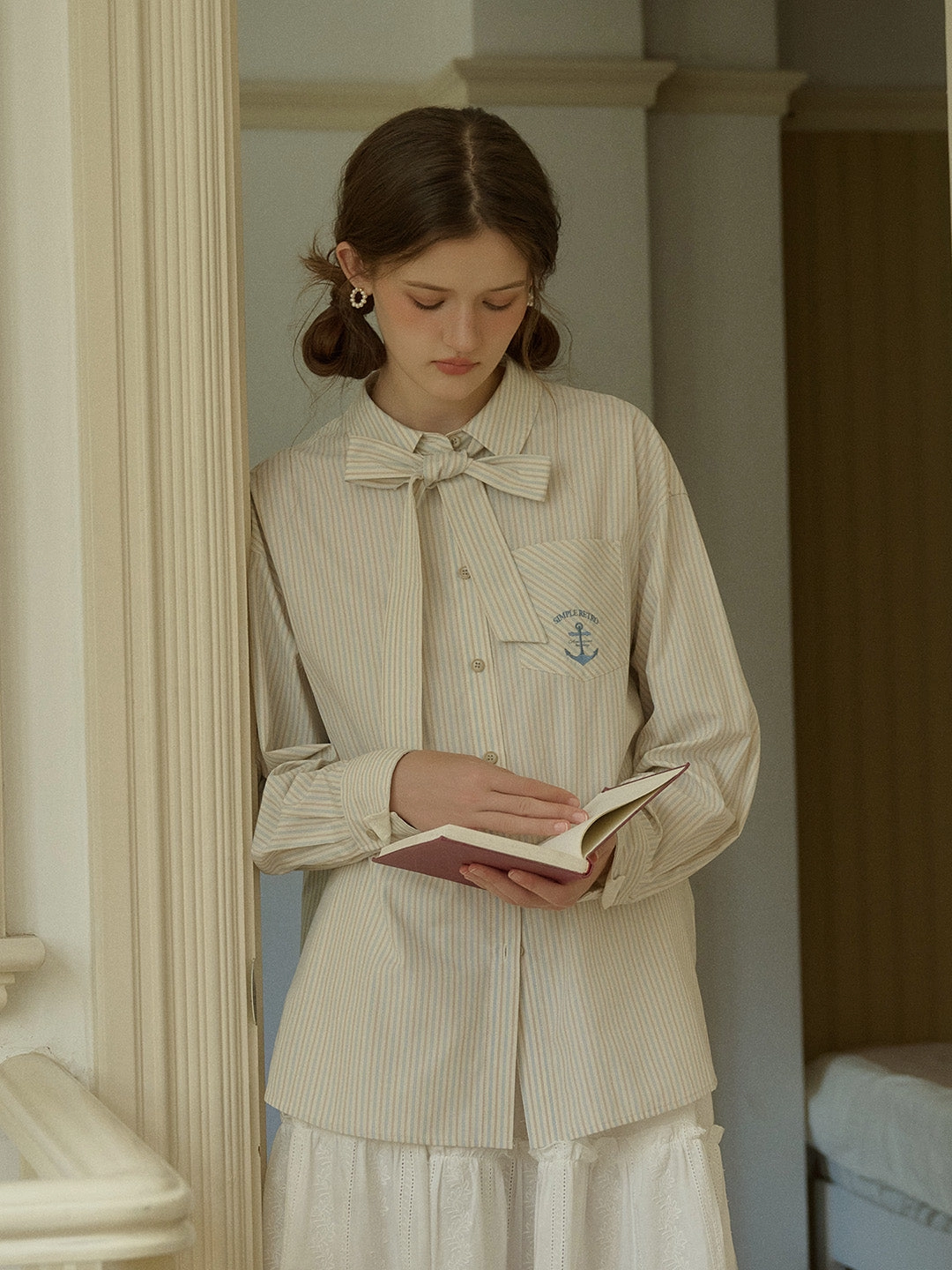 Adaptable Outfit Violeta Classic Lapel Bow Anchor Embroidery Pocket Stripe Shirt - Blue