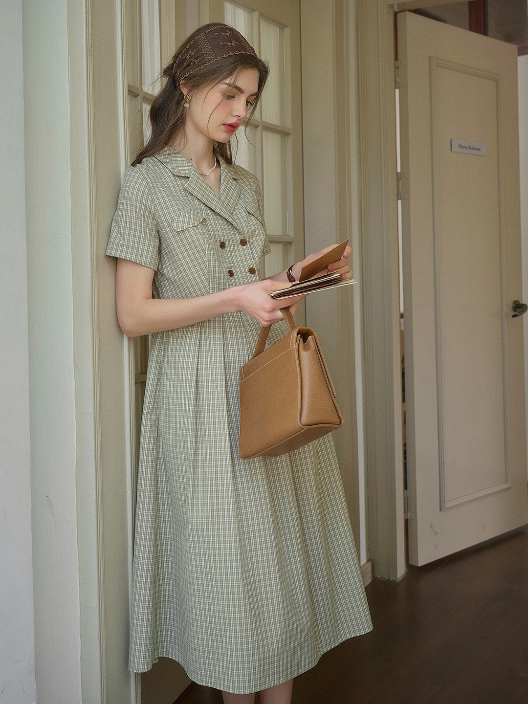 Elena V-Neck Lapel Plaid Dress World Tone Fashion Forward