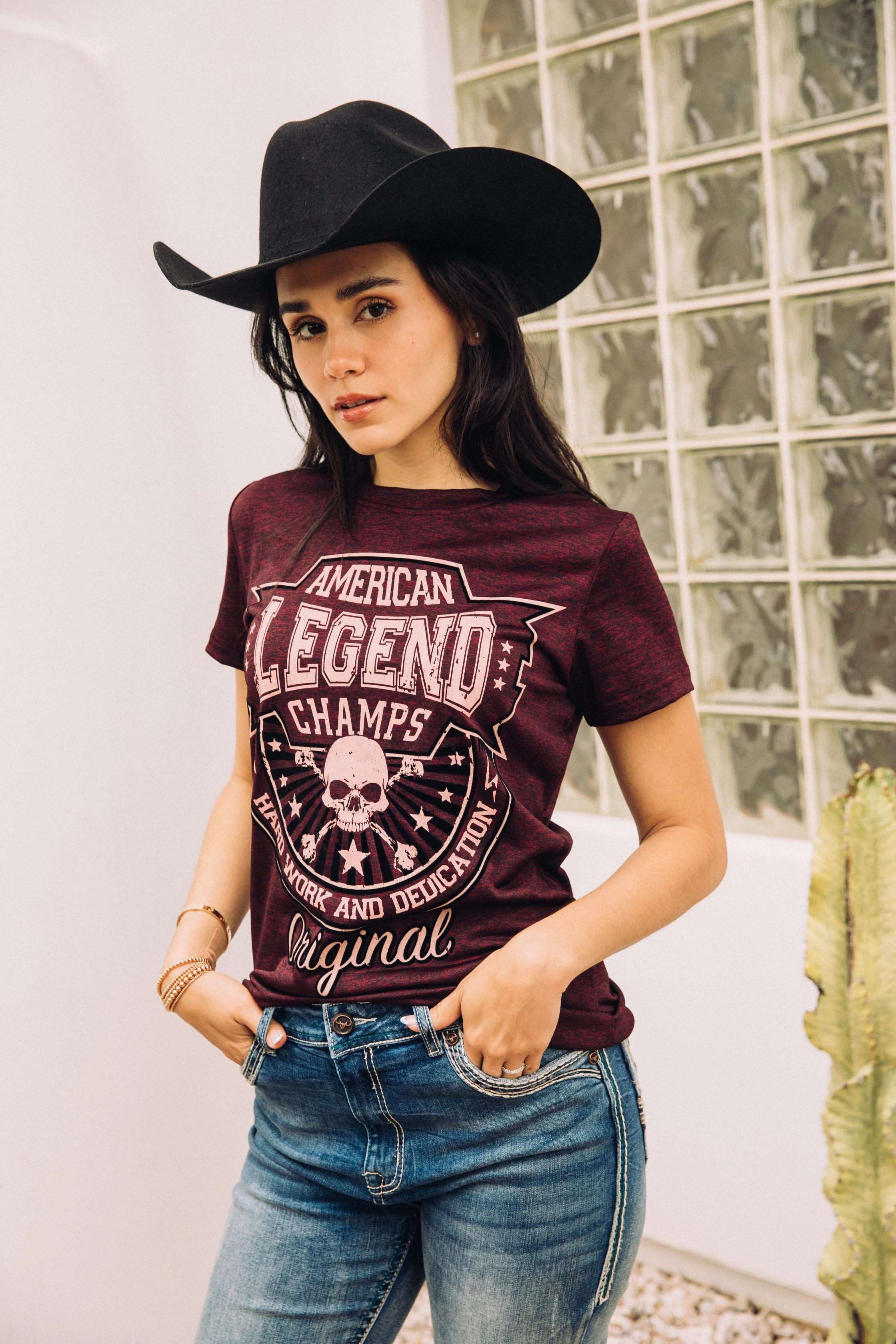 Women's Cotton American Legend Graphic Print Wine T-shirt Soft Fabric