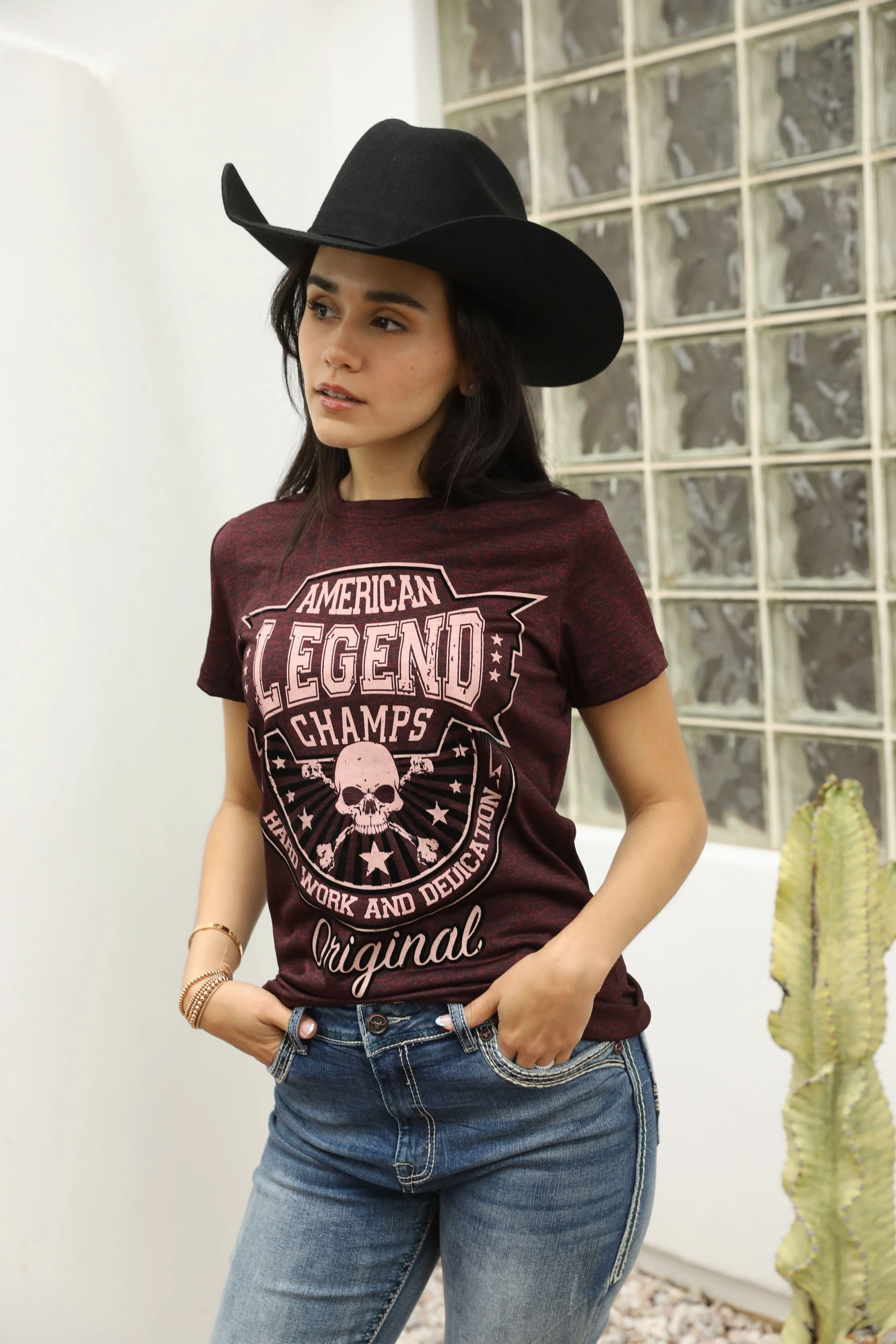 Relax Style Trend Women's Cotton American Legend Graphic Print Wine T-shirt