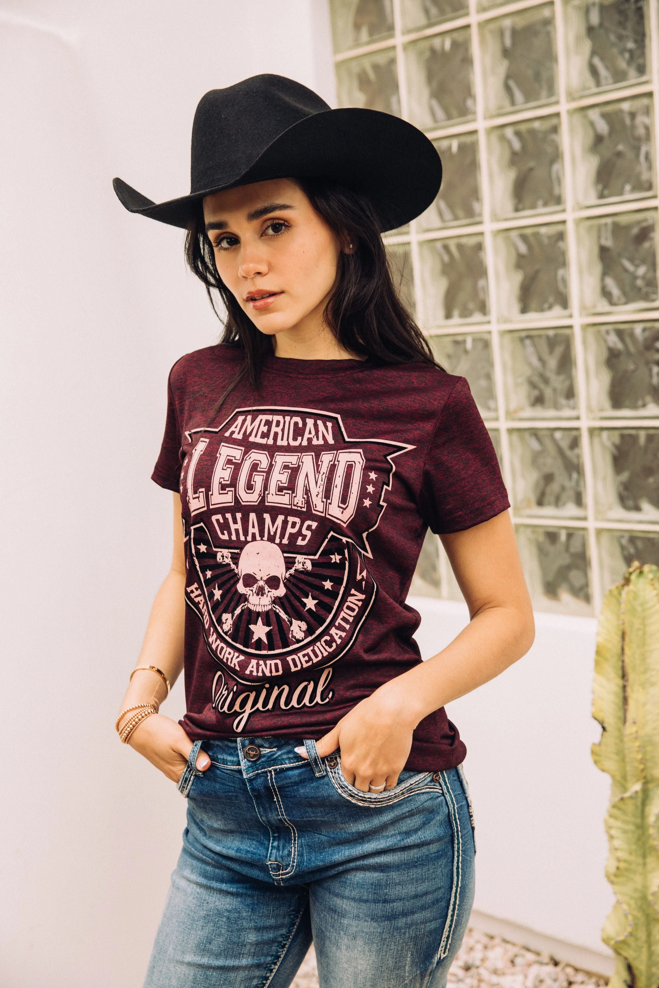 Women's Cotton American Legend Graphic Print Wine T-shirt Breathable Fit Wear Layering Wear