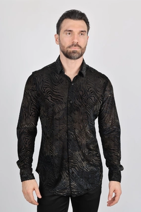 Trendy Pattern Workwear Option Mens Modern Fit Stretch Velvet Fashion Shirt