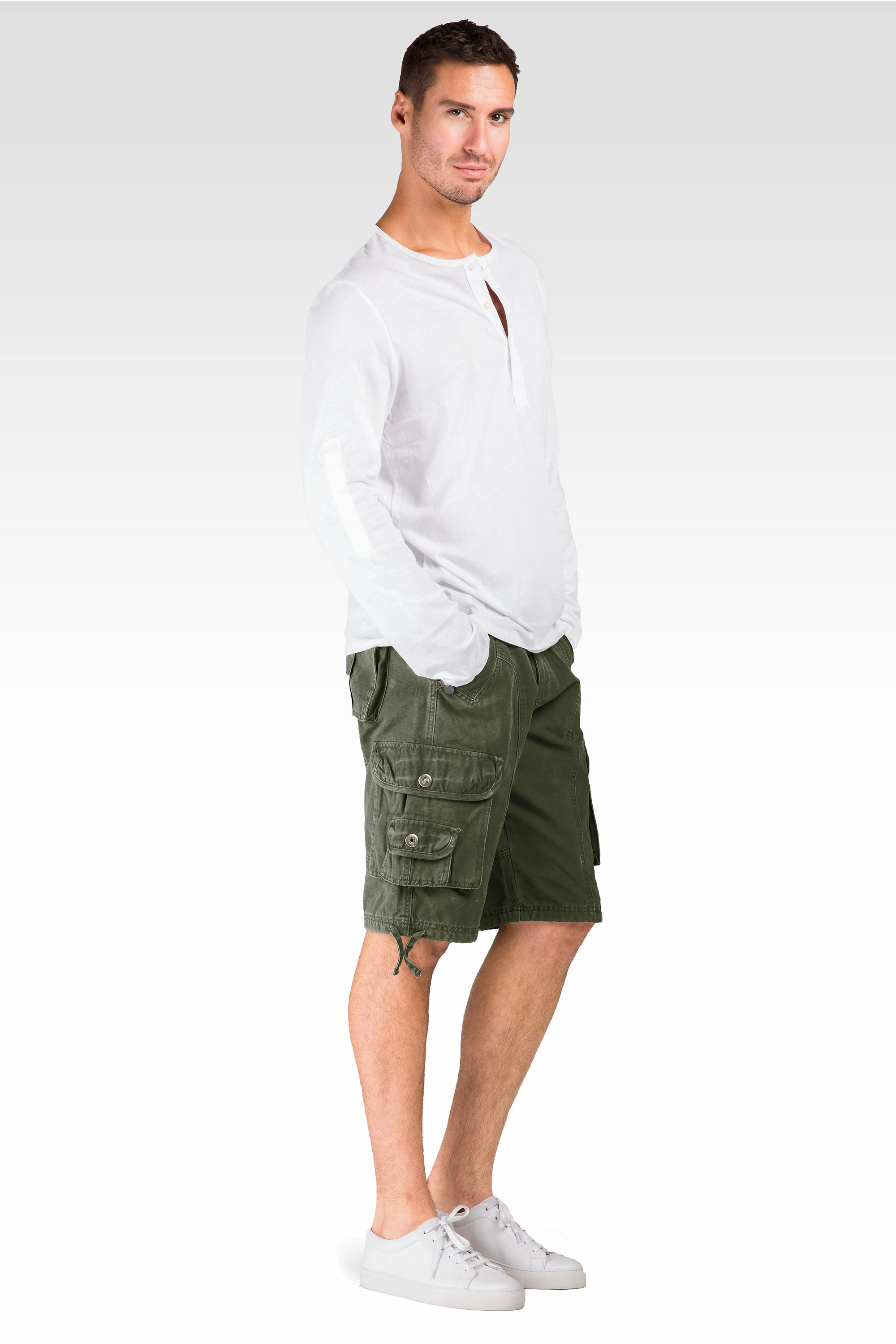 Relaxed Fit Mid-Rise Fatigue Olive Premium Canvas 13" Utility Shorts Cargo Pockets Japan Neat