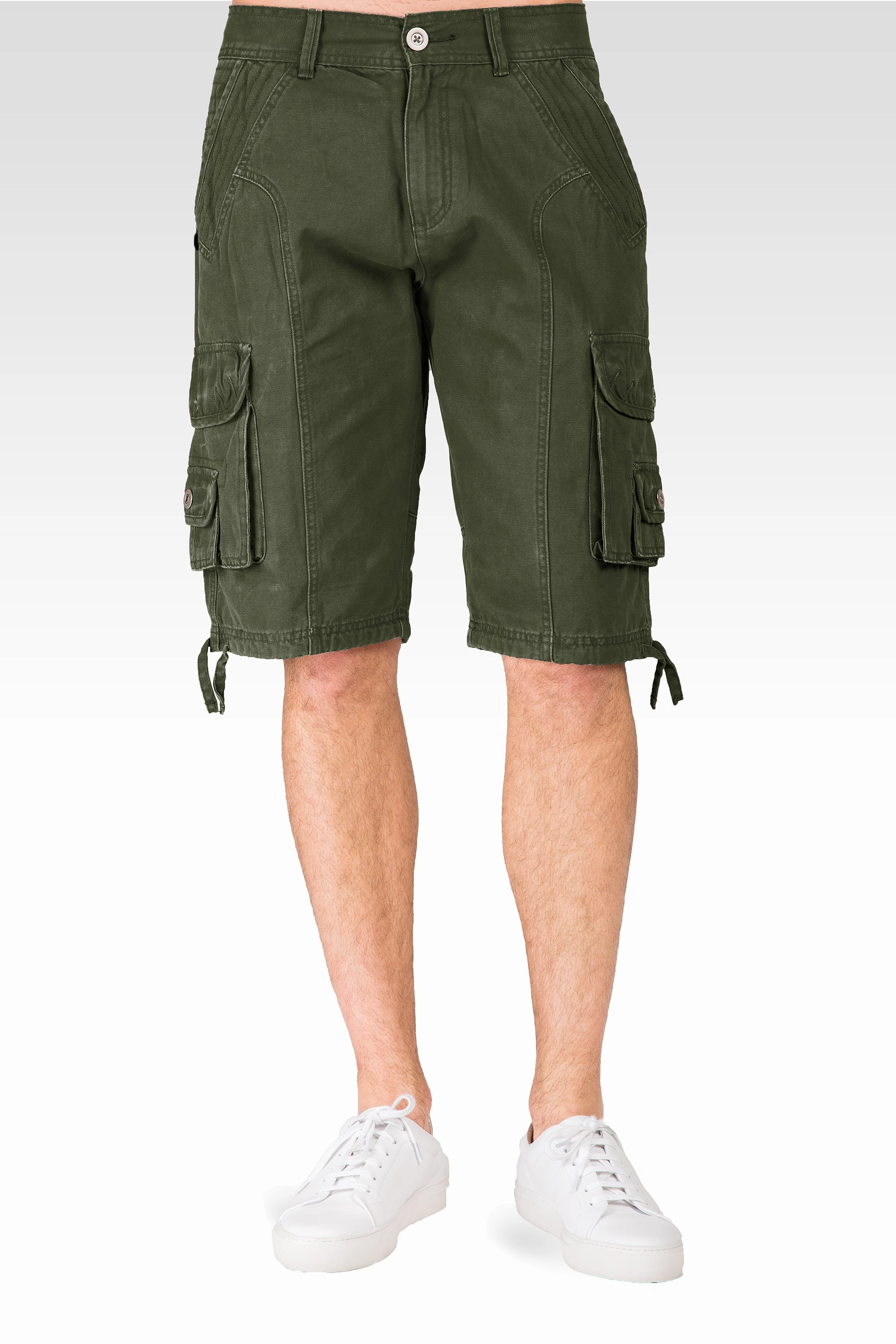 Matte Tone FlexibleMaterial Relaxed Fit Mid-Rise Fatigue Olive Premium Canvas 13" Utility Shorts Cargo Pockets