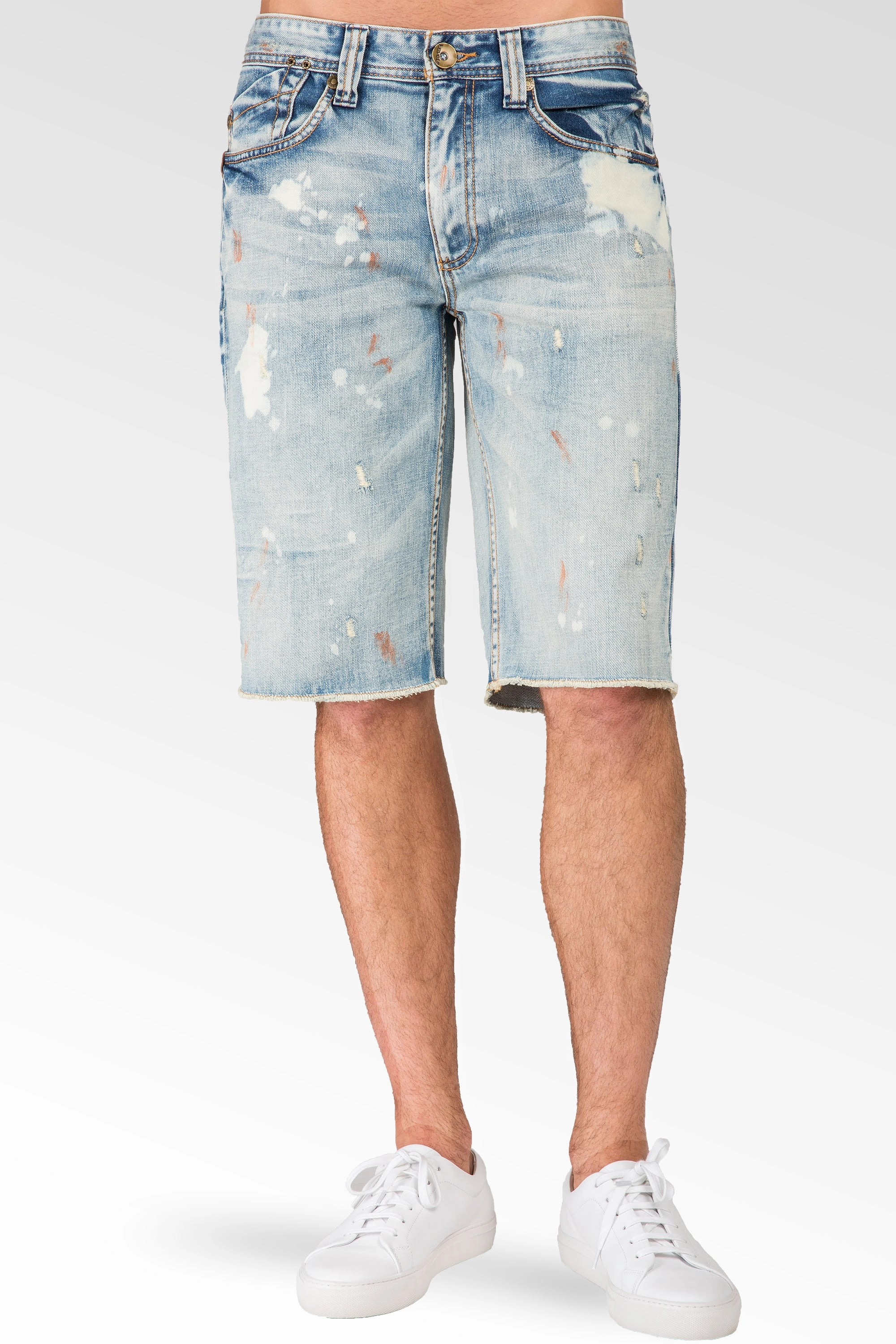 Bead Soul Relaxed Midrise Bleach Blue Cut Off Premium Denim Shorts 13" Inseam paint splatter