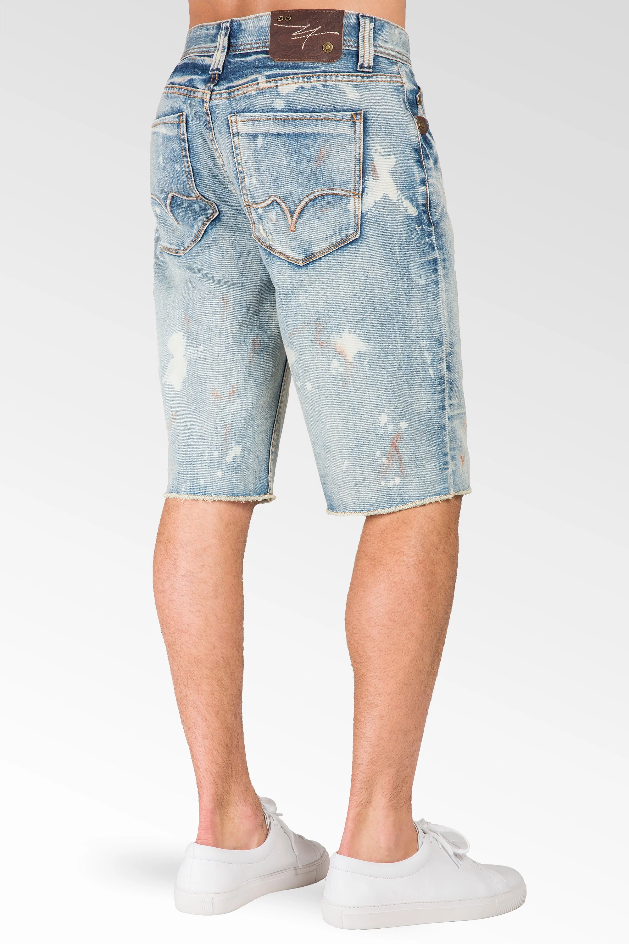 Relaxed Midrise Bleach Blue Cut Off Premium Denim Shorts 13" Inseam paint splatter Low Maintenance Push Edge