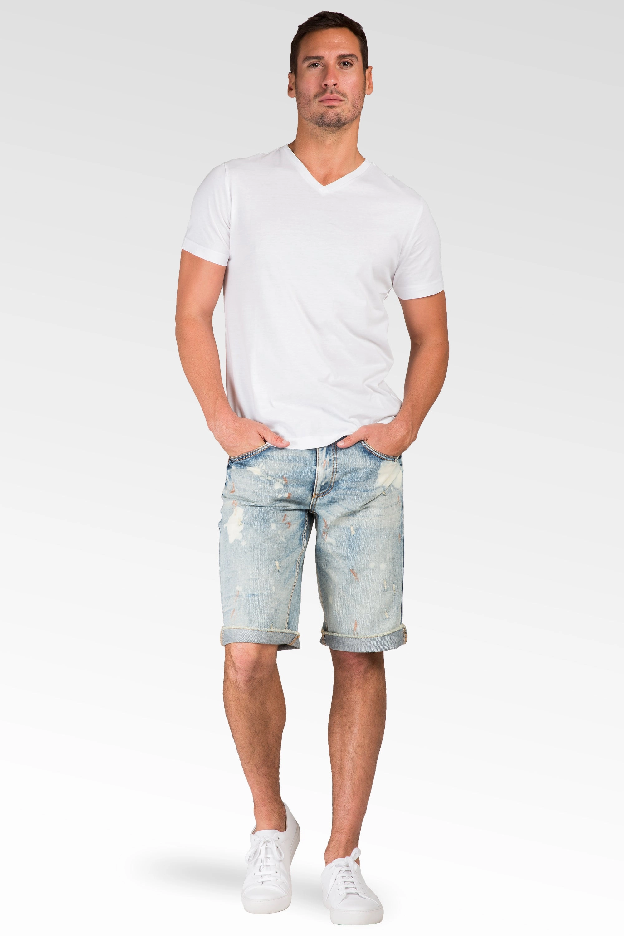 Relaxed Midrise Bleach Blue Cut Off Premium Denim Shorts 13" Inseam paint splatter Easy Cool Stage Feel