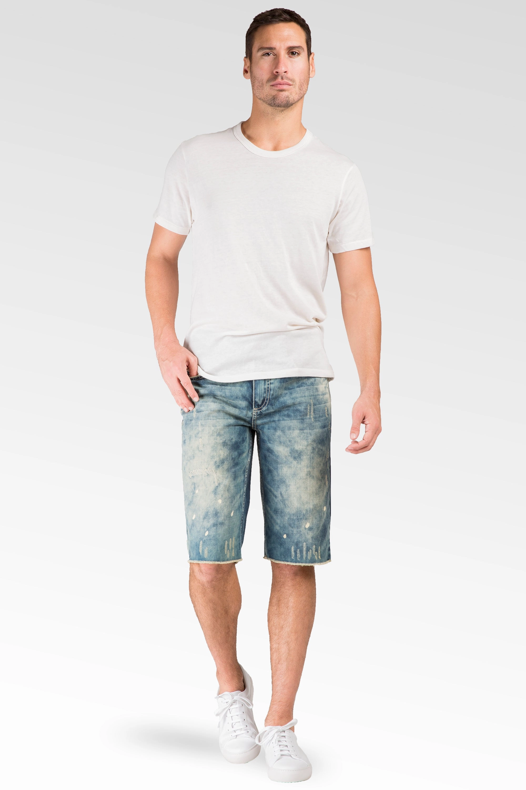 Relaxed Midrise Cut Off Premium denim 13" 5 pocket Jean Shorts Scratch Hand Sanding StaticResistantTextile