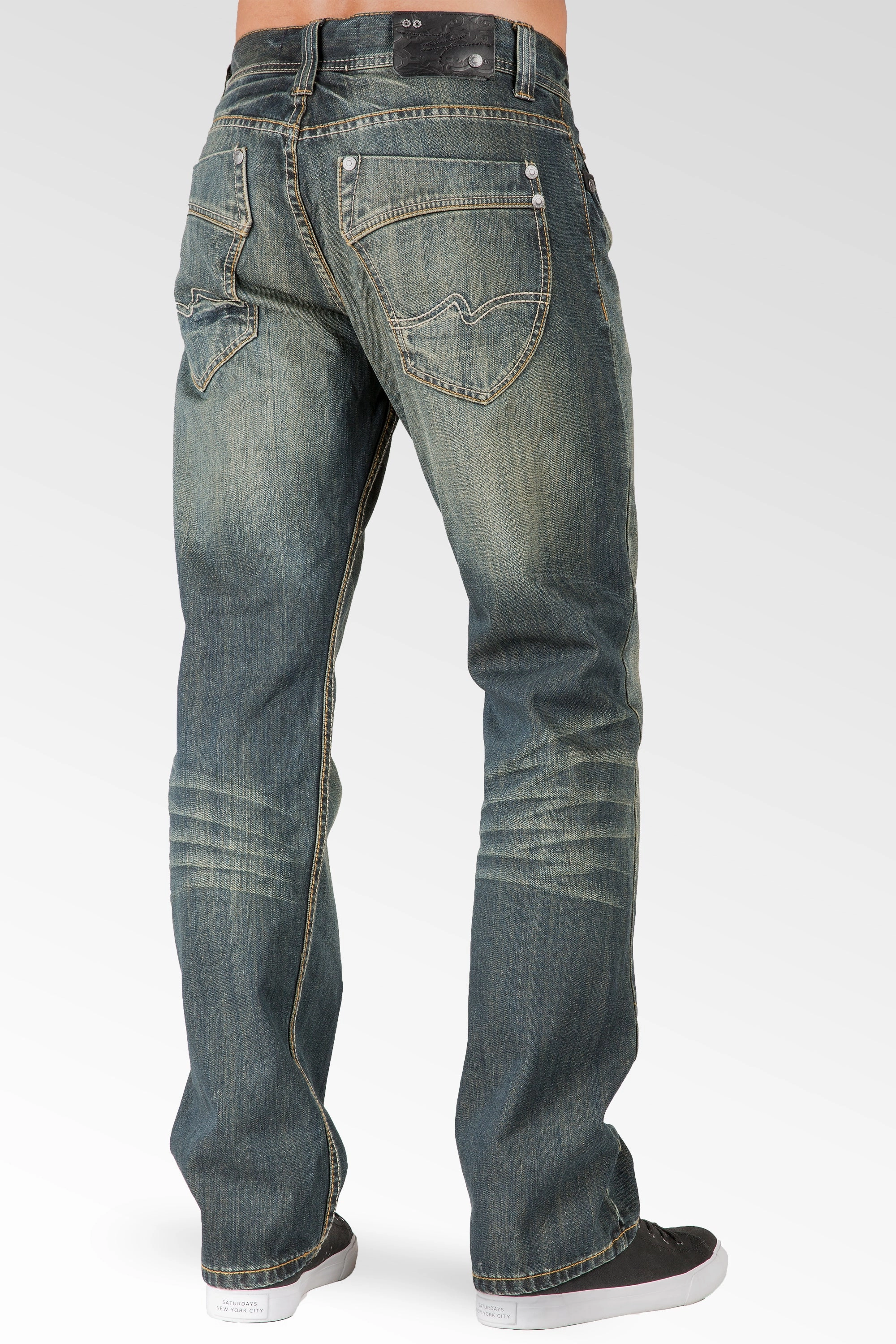Relaxed Straight Faded Rustic Tinting Premium Denim Signature 5 Pocket Jeans Hand Rub Focus Fit