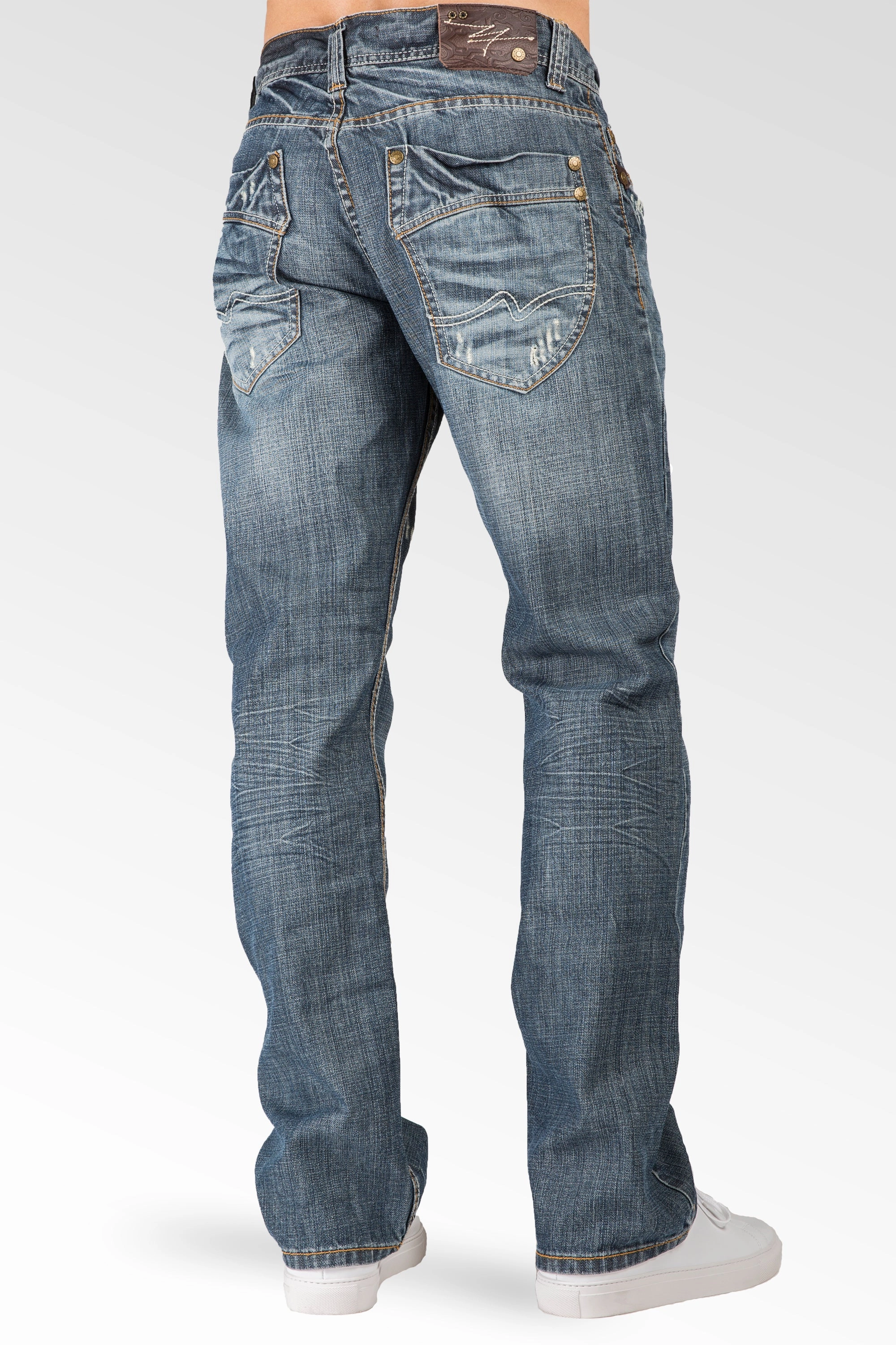 Relaxed Straight Medium Blue Distressed Premium Denim Signature 5 Pocket Jeans Whiskering Romance Fit