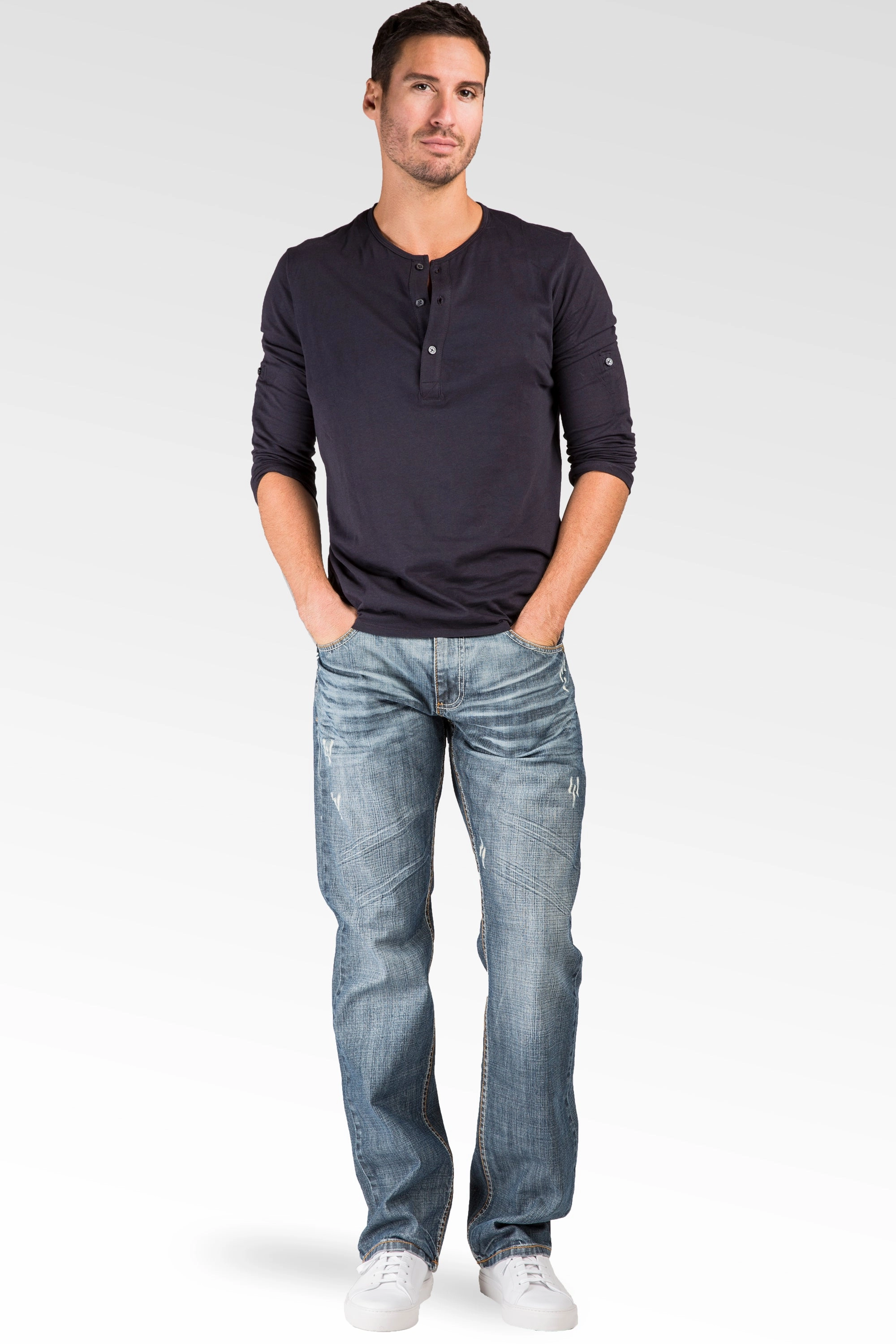 Relaxed Straight Medium Blue Distressed Premium Denim Signature 5 Pocket Jeans Whiskering StaticResistantTextile