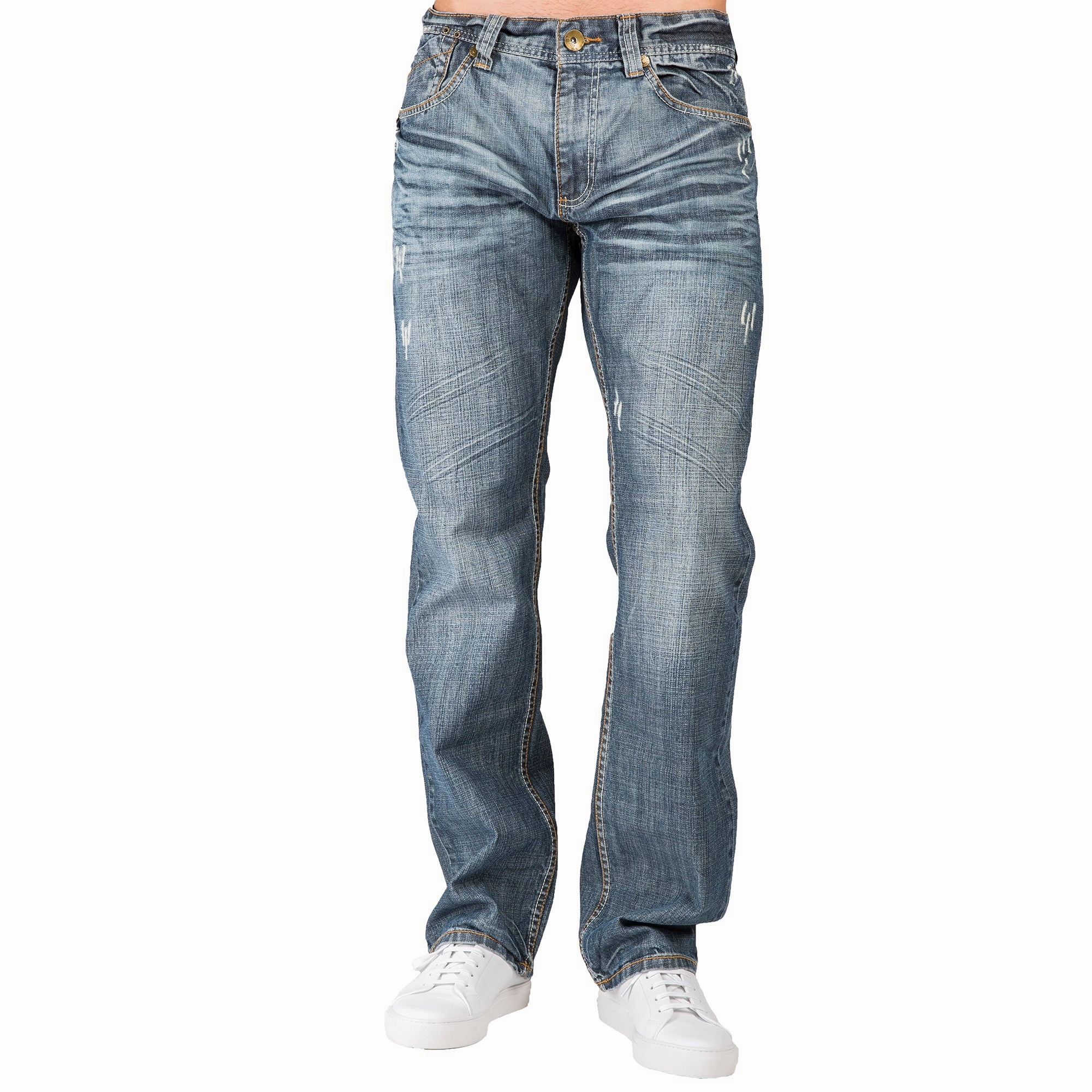 Relaxed Straight Medium Blue Distressed Premium Denim Signature 5 Pocket Jeans Whiskering Stylish Jeans AllDayComfort