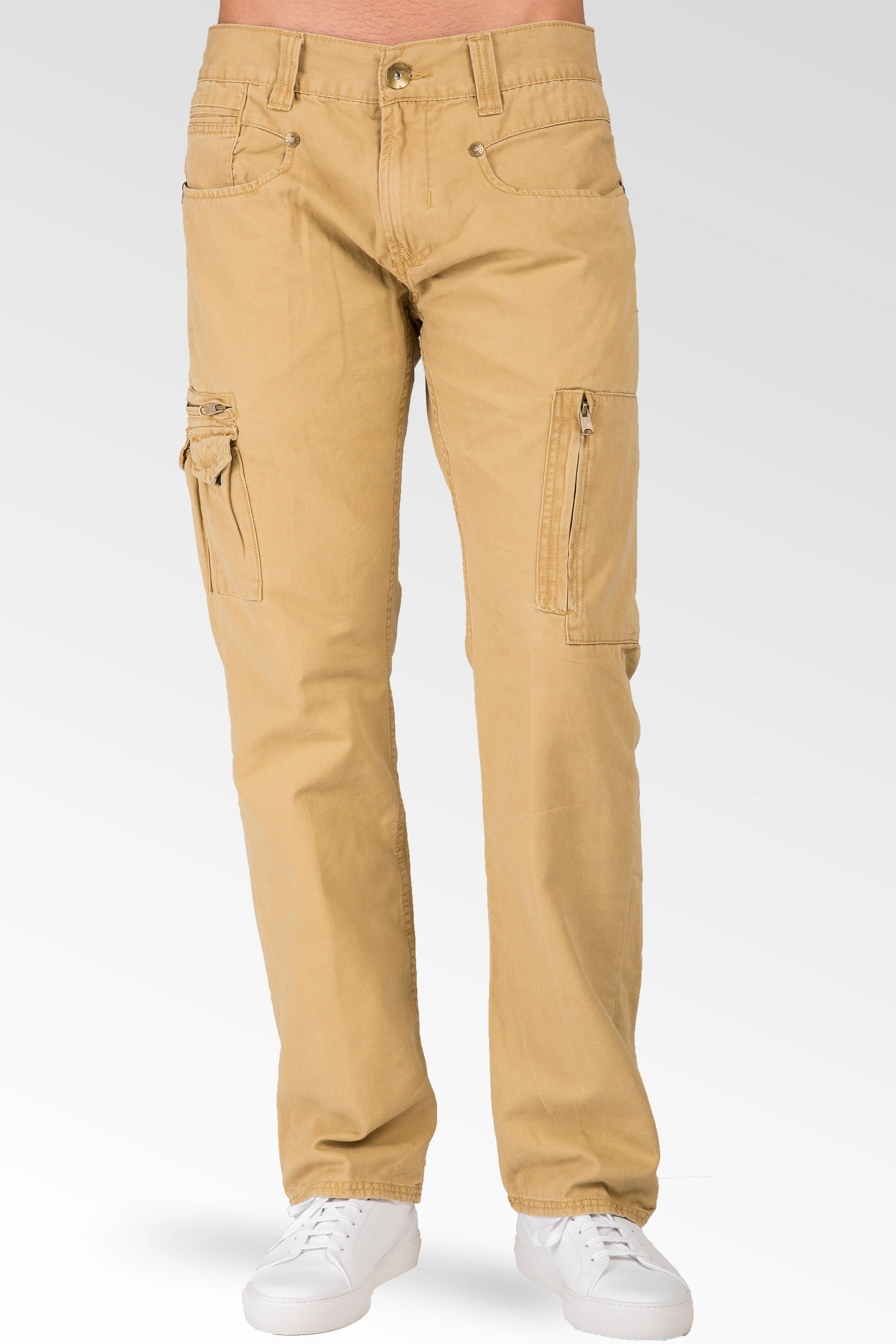 Planet Glow EasyAdjustment Relaxed Straight Tan Garment Washed Premium Canvas Utility Jeans Cargo Zipper Pockets