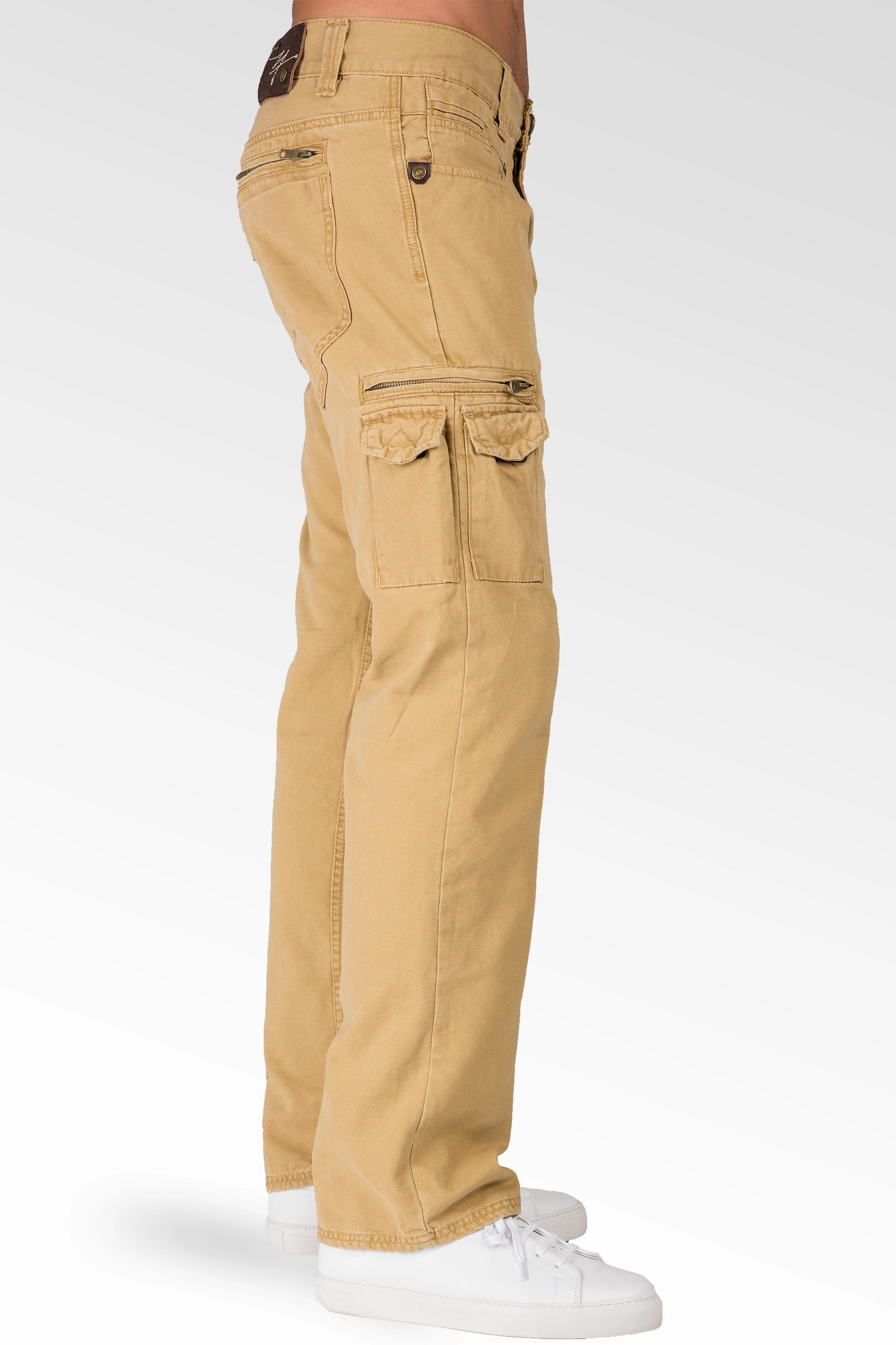 Relaxed Straight Tan Garment Washed Premium Canvas Utility Jeans Cargo Zipper Pockets Myth Glow