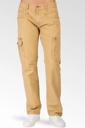 Planet Glow EasyAdjustment Relaxed Straight Tan Garment Washed Premium Canvas Utility Jeans Cargo Zipper Pockets