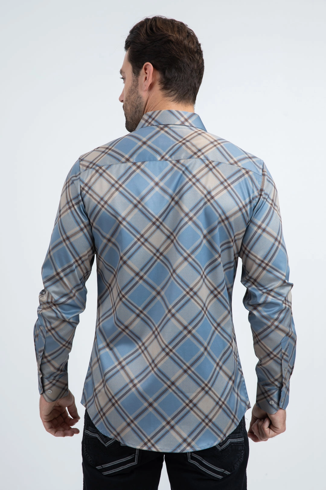 Mens Checkered Long Sleeve Blue Shirt Anti-static Lightweight Fabric