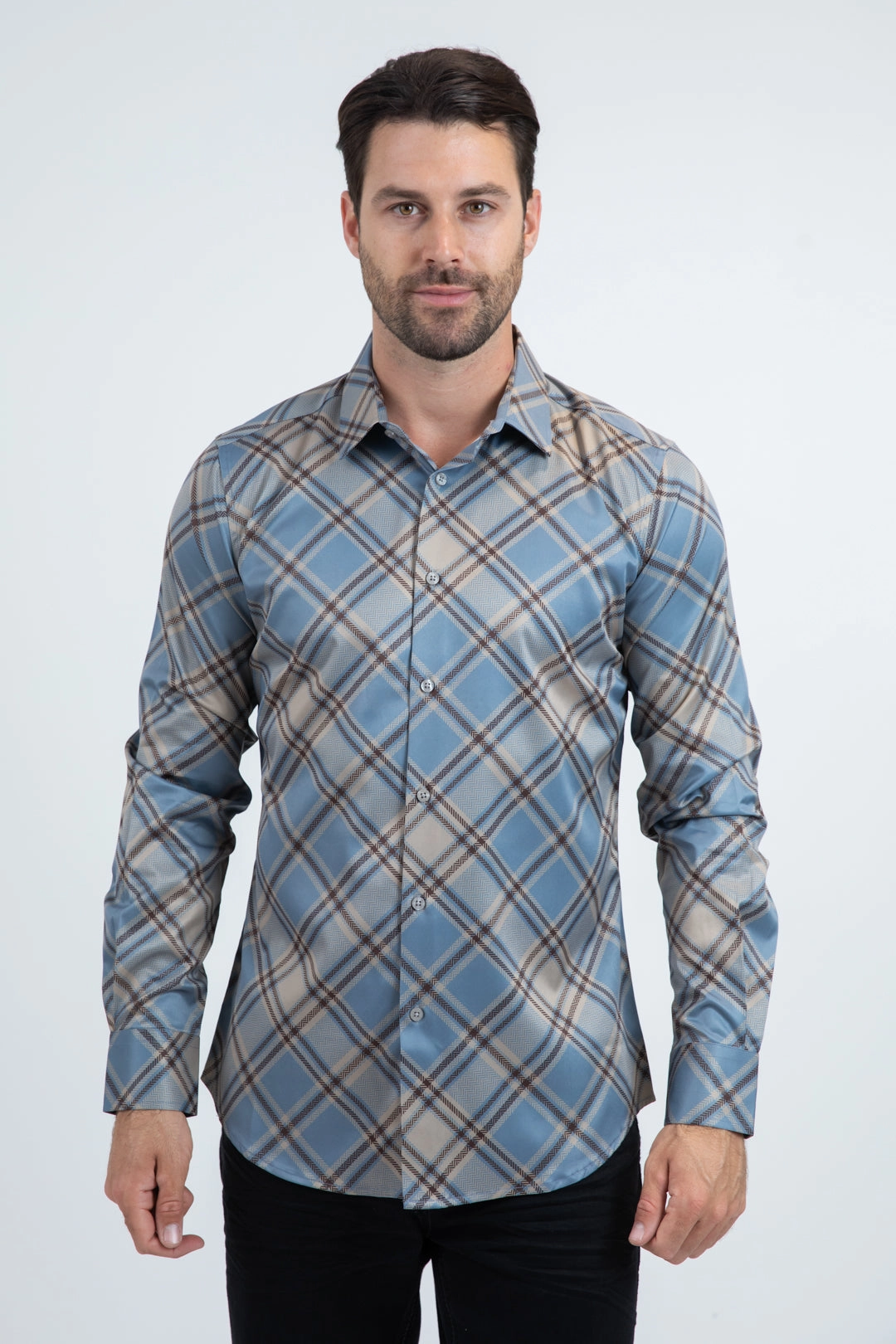 Mens Checkered Long Sleeve Blue Shirt Smooth zipper closure