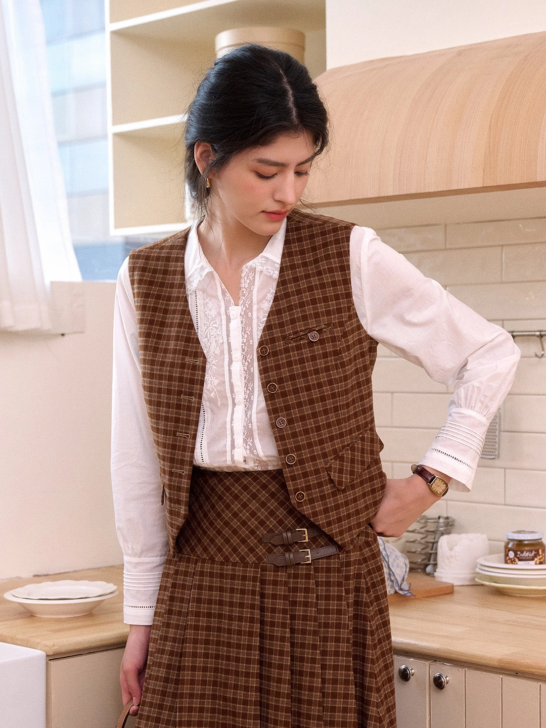 Remington?V-Neck?Plaid?Tie-Back?Vest Semi Formal Focus Fit