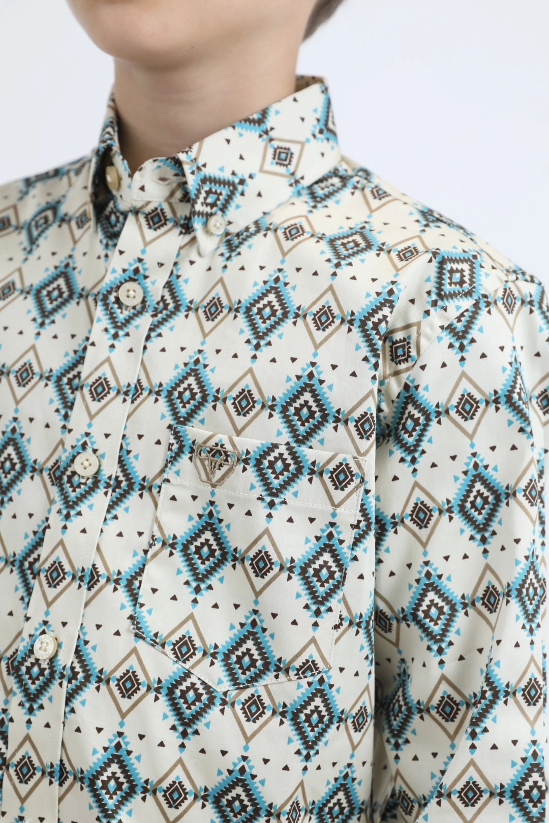 Relaxed Comfort Minimalist Fit Kid's Cotton Monogram Digital Print Beige Dress Shirt