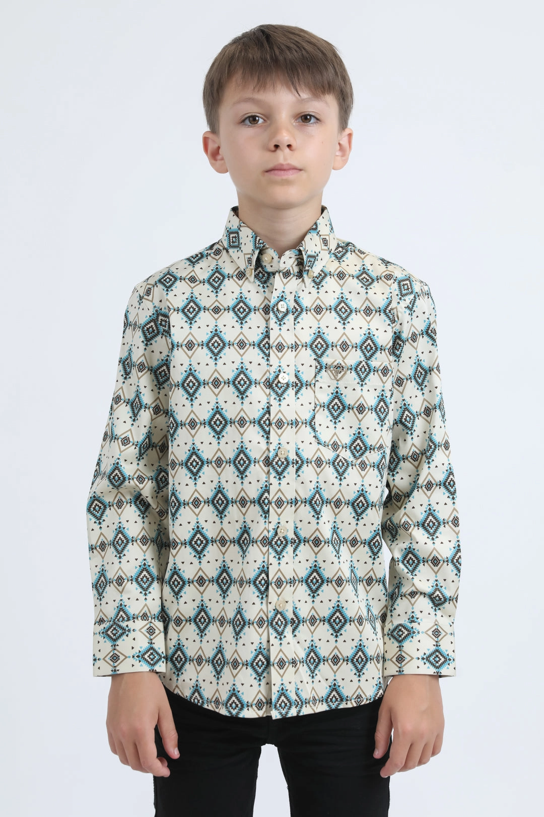 Kid's Cotton Monogram Digital Print Beige Dress Shirt Weekend Adventure