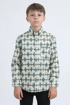 Kid's Cotton Monogram Digital Print Beige Dress Shirt Weekend Adventure