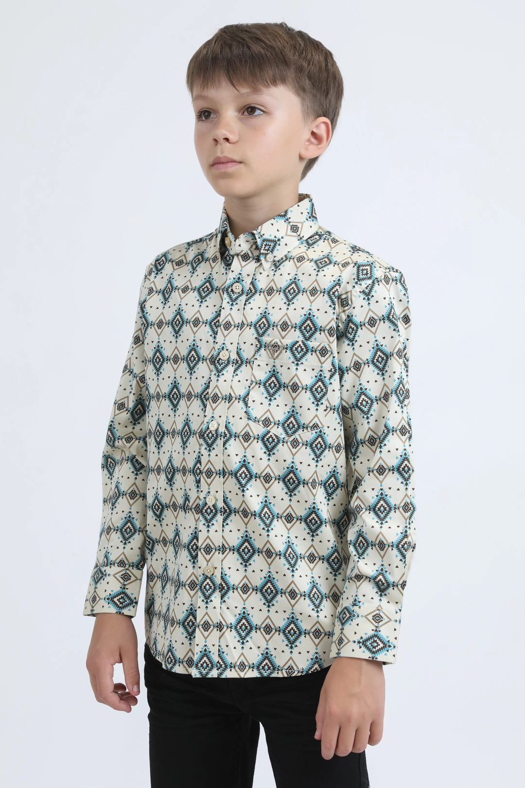 Kid's Cotton Monogram Digital Print Beige Dress Shirt Seamless Shoulder Construction