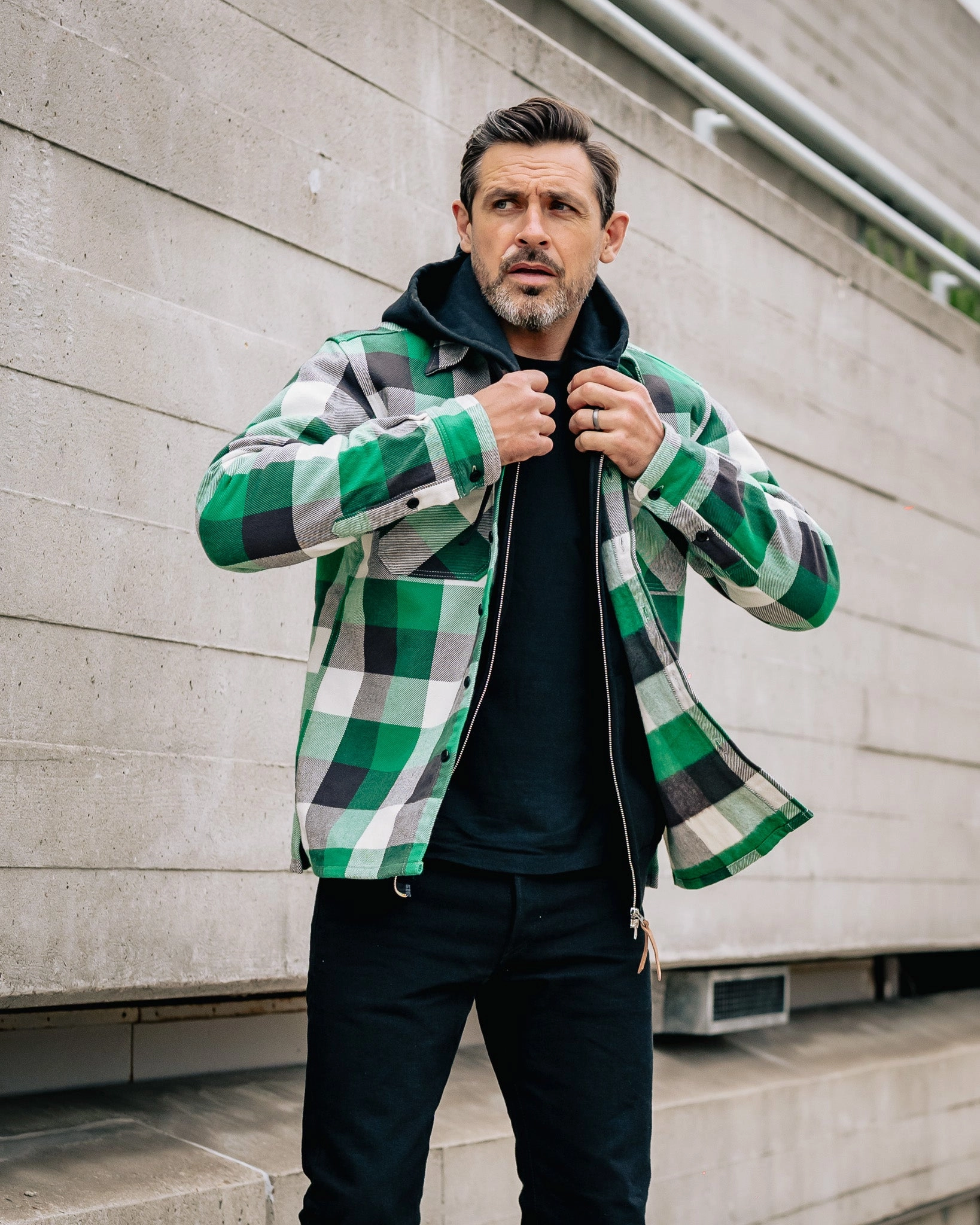 AntiBacterialTreatment Sharp Cut Ultra Heavy Flannel Vintage Check Work Overshirt - Green