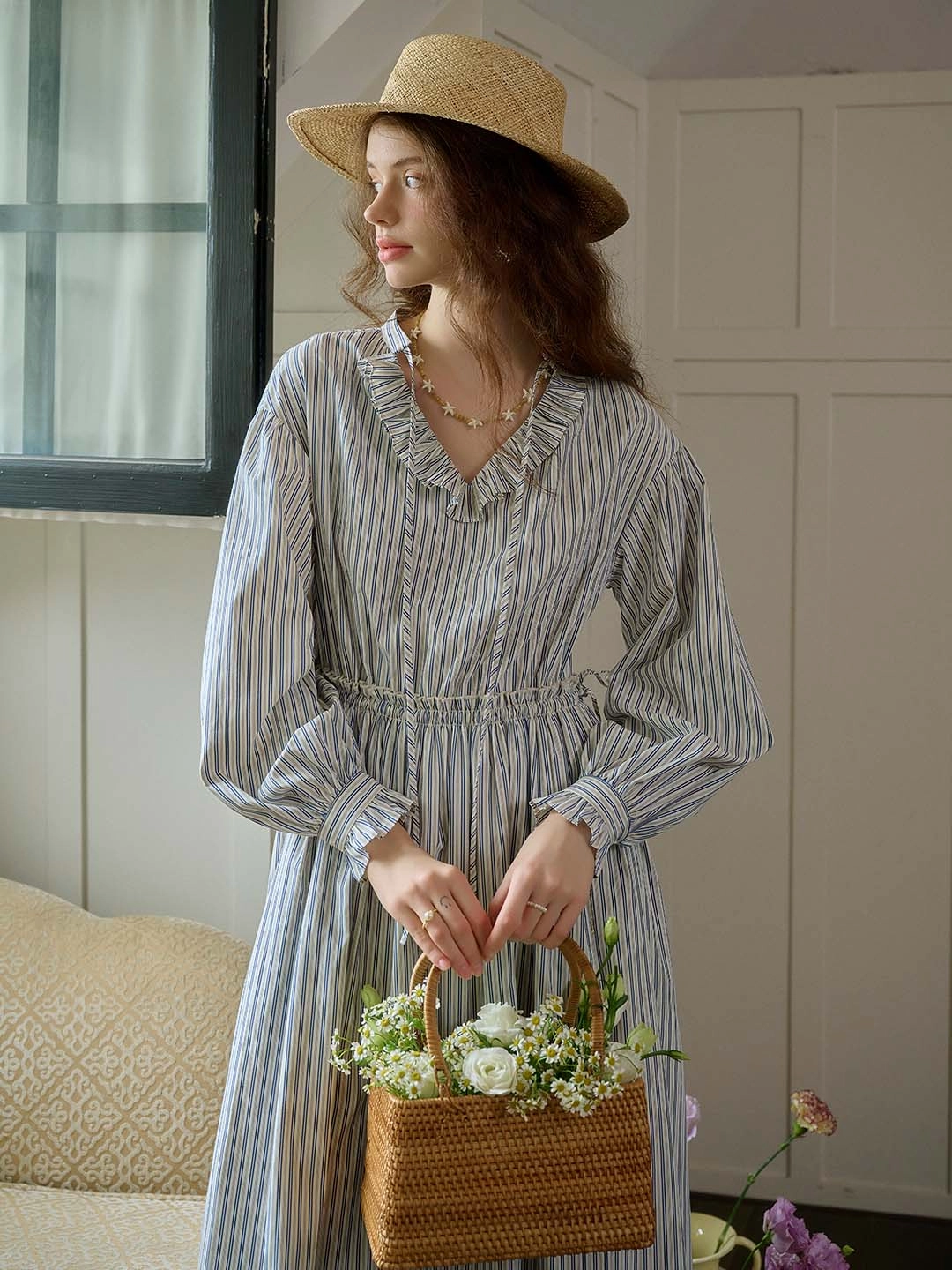 Comfortable Sleep AntiStatic Treatment Rhea Trimmed Lace-up V-neck Striped Trimmed Sleeves Dress