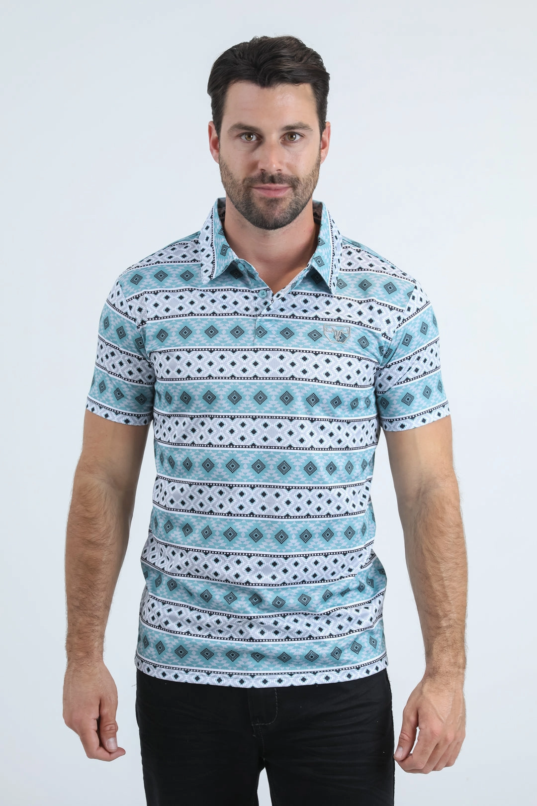 Casual Wearable Tri Blend Composition Mens Performance Fabric Modern Fit Stretch Aztec Print Blue Polo