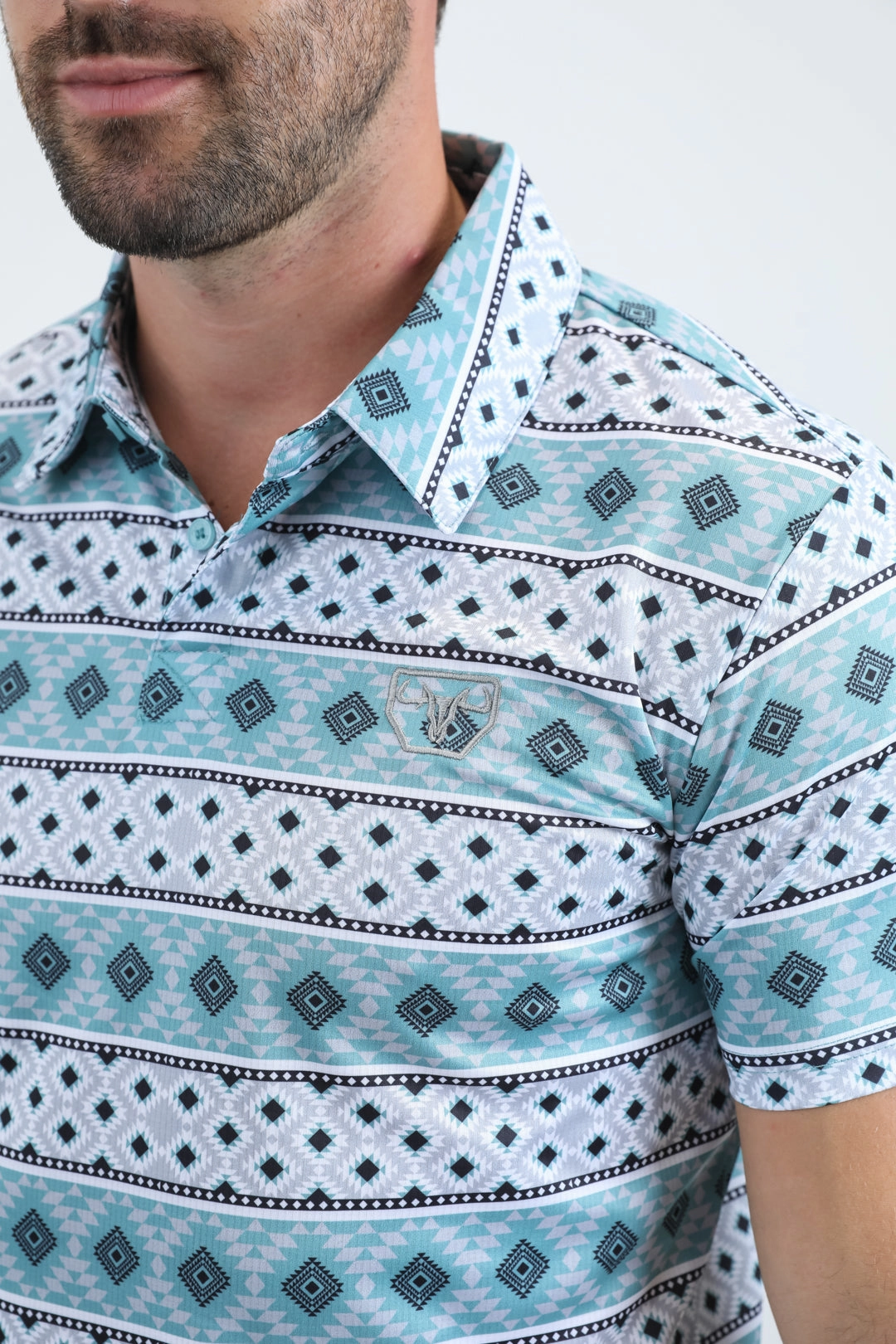 Mens Performance Fabric Modern Fit Stretch Aztec Print Blue Polo Recycled Polyester Mix
